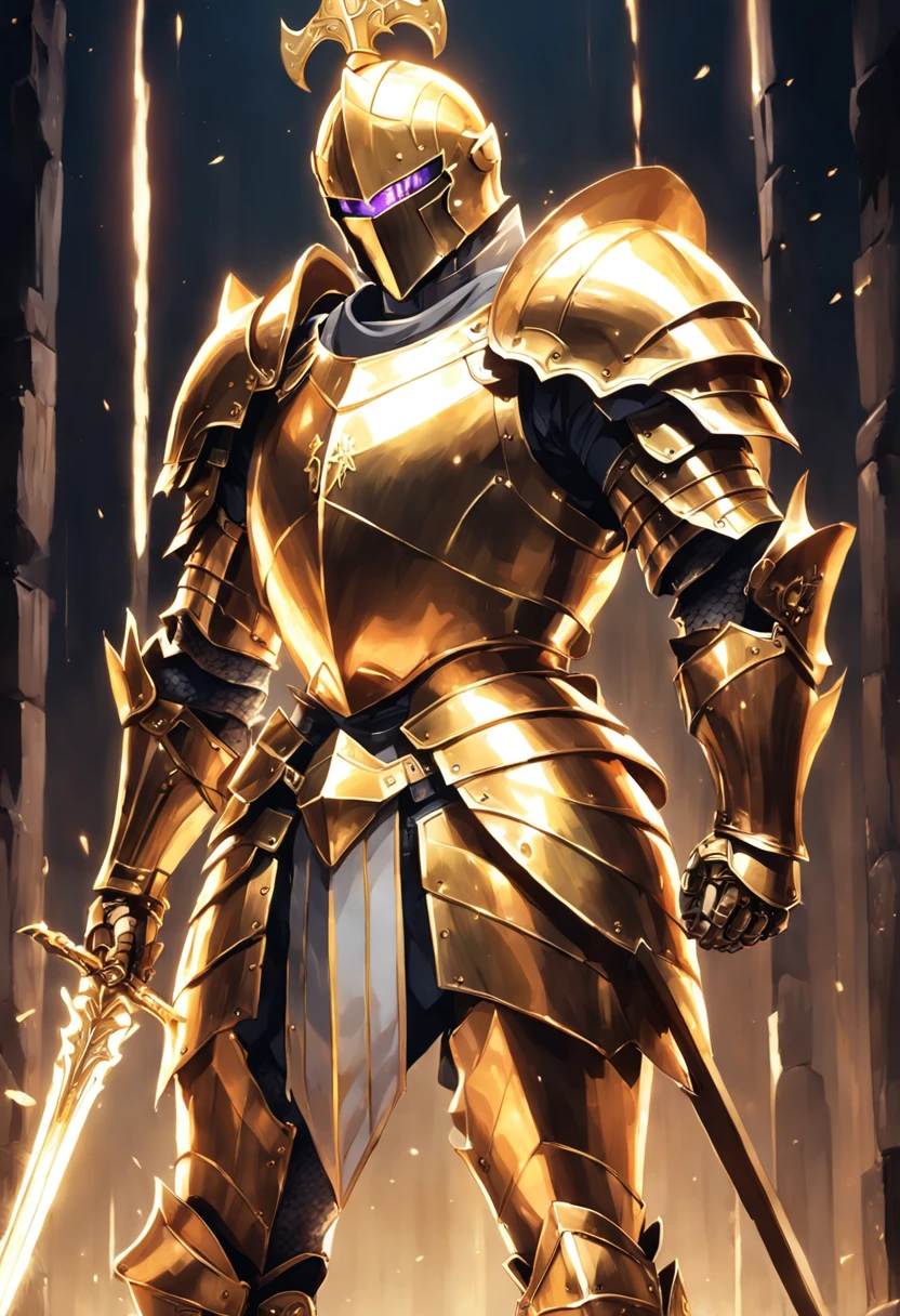 Knight wearing gleaming golden armor wielded a luminous sword that emanates a lot of light and a strong shield that the hardest rock poses for presentation not cut image best quality possible