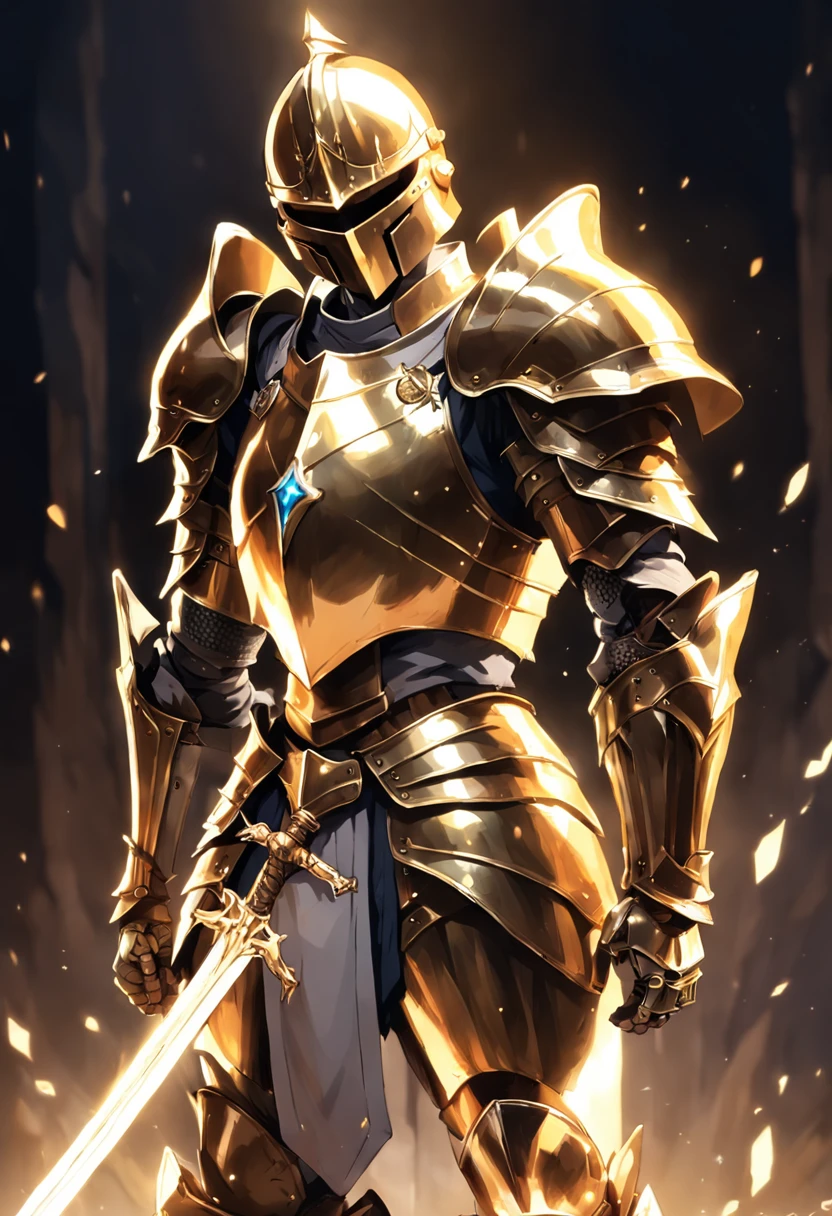 Knight wearing gleaming golden armor wielded a luminous sword that emanates a lot of light and a strong shield that the hardest rock poses for presentation not cut image best quality possible