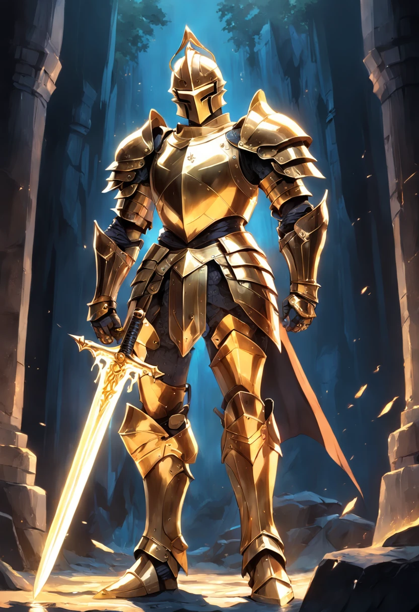 Knight wearing gleaming golden armor wielded a luminous sword that emanates a lot of light and a strong shield that the hardest rock poses for presentation not cut image best quality possible
