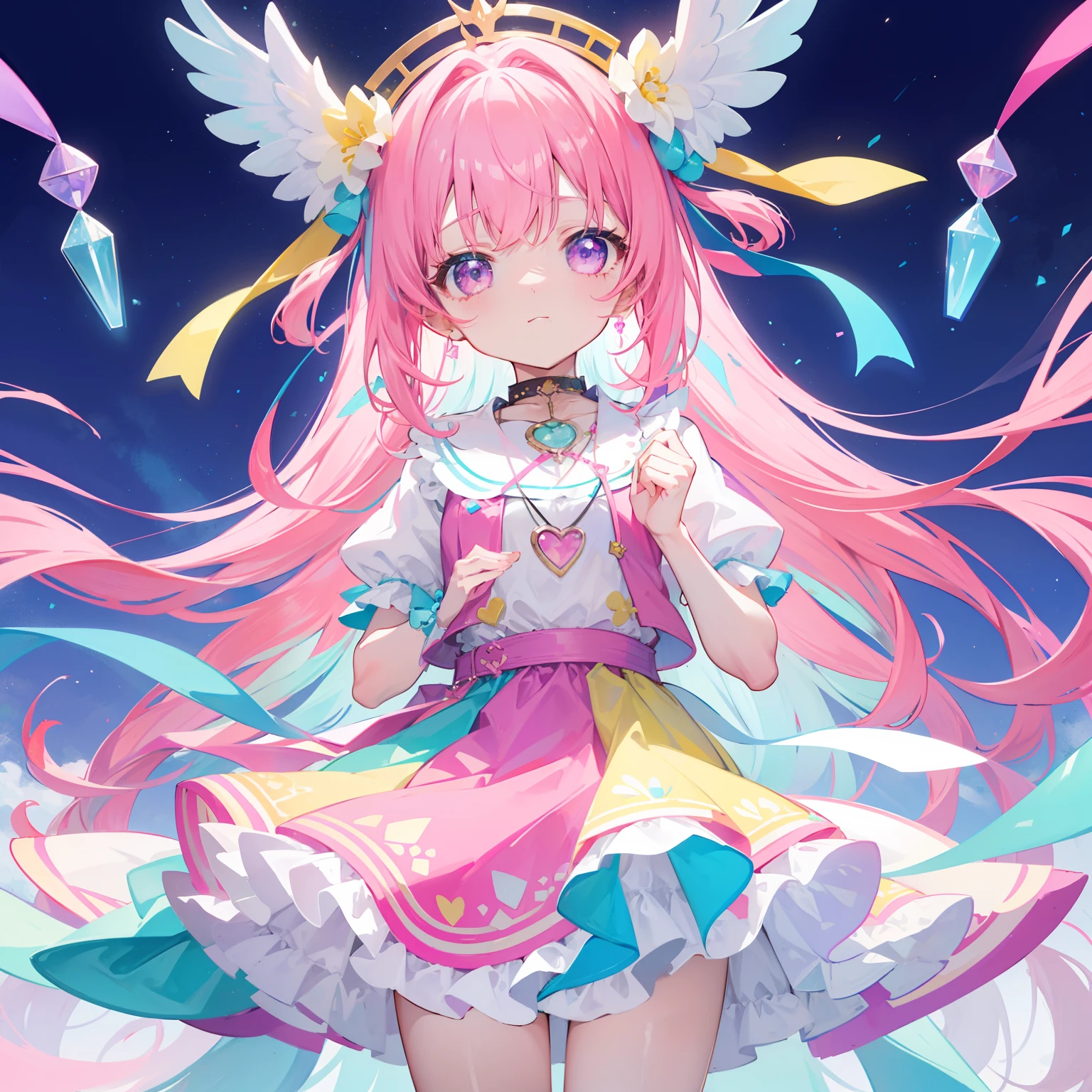 Colorful light background,long whitr hair,Has a bright pinkish-purple transparent gum texture,In pink、Wear yours with blue and white,yellow and greens,Cyan matching accessories pendant decoration,This is a very sweet and sweet li girl