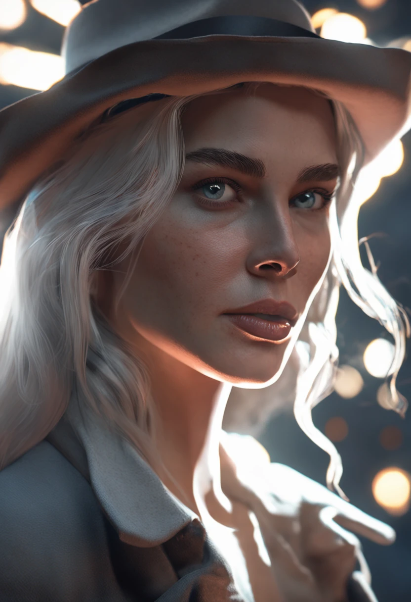 (front focus),(in the dark:1.6), Hyperrealist portrait of female by david hockney and alphonse mucha,fantasy art, photo realistic, dynamic lighting, artstation, poster, volumetric lighting, very detailed faces, 4 k, award winning,, 1girl, in the dark, deep shadow, low key,cowboy shot,(official clothing:1.4) ,long hair,white hair,