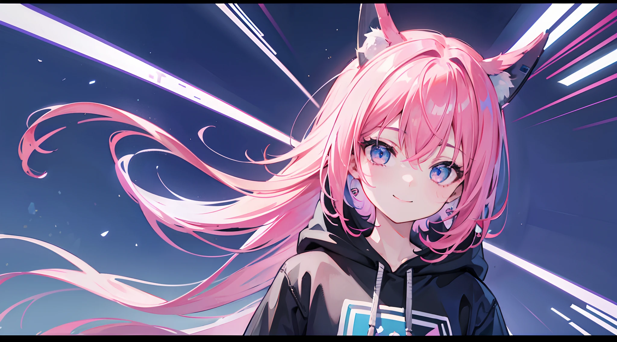 1girl, pink hair, on the right side of the screen, black hoodie, grey bacground, blue background, smiling, 8k, masterpiece