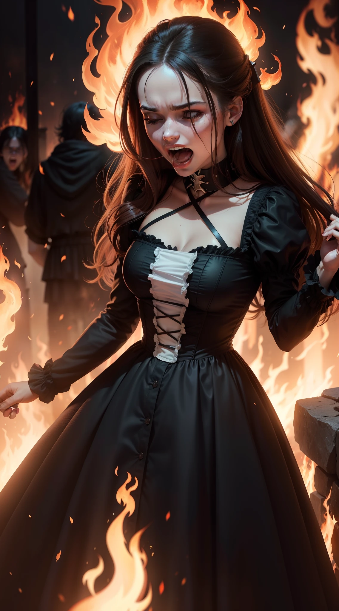 American woman, lots of fire, fire, on fire, burning at the stake, a lot of flames, clothing on fire, burning, screaming, TEETH, WIDE MOUTH, TORTURE, long dark hair, black dress, 1600s