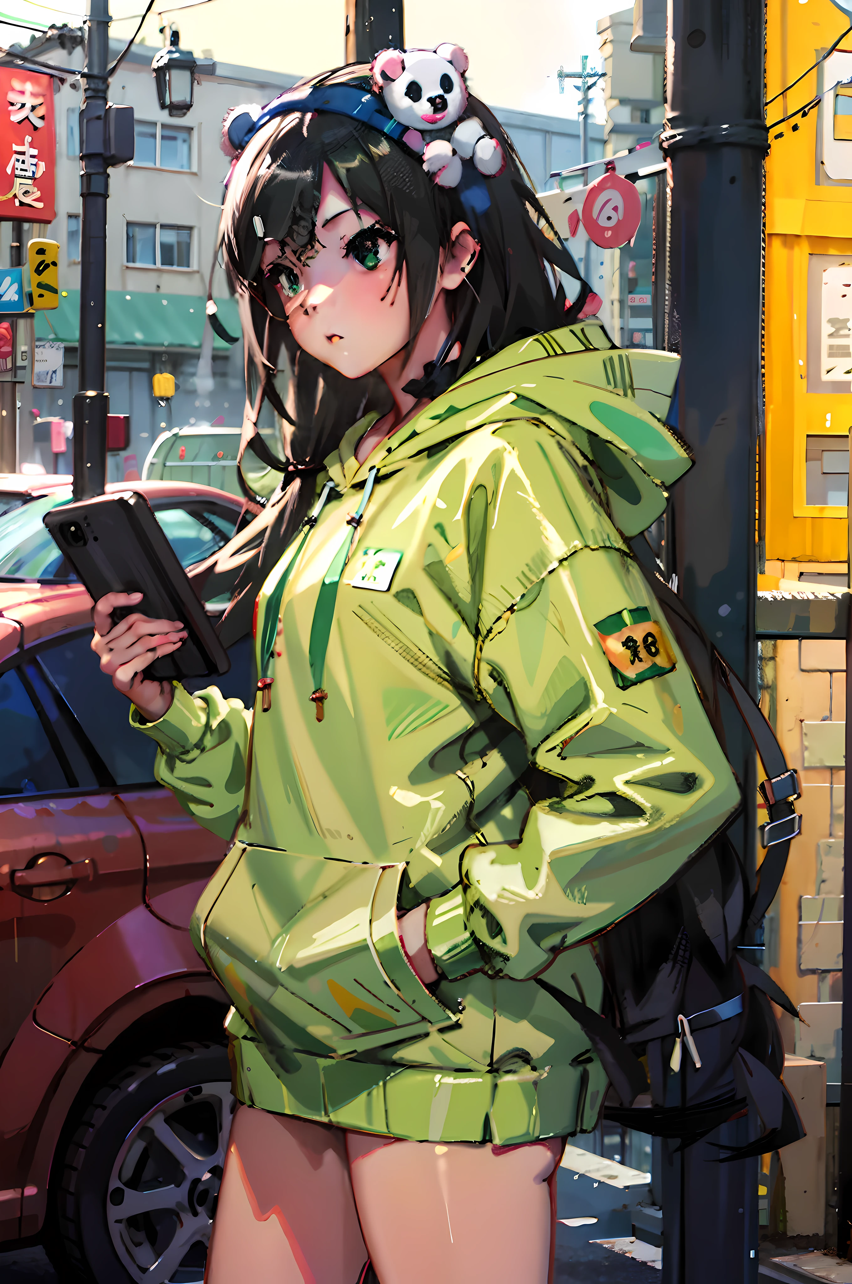 Anime girl wearing green raincoat，Bring a panda headband and mobile phone, cyberpunk anime girl in hoodie, Guviz-style artwork, Artgerm and Atey Ghailan, Digital anime illustration, drawn in anime painter studio, Detailed digital anime art, made with anime painter studio, Digital anime art, black haired girl wearing hoodie, Realistic anime 3 D style