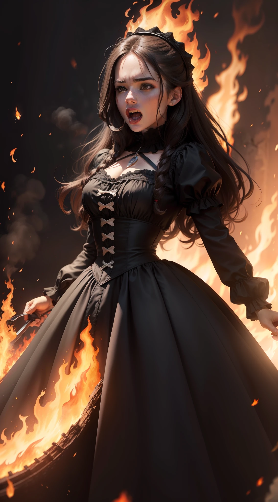 American woman, lots of fire, fire, on fire, burning at the stake, a lot of flames, clothing on fire, burning, screaming, TEETH, WIDE MOUTH, TORTURE, long dark hair, black dress, 1600s