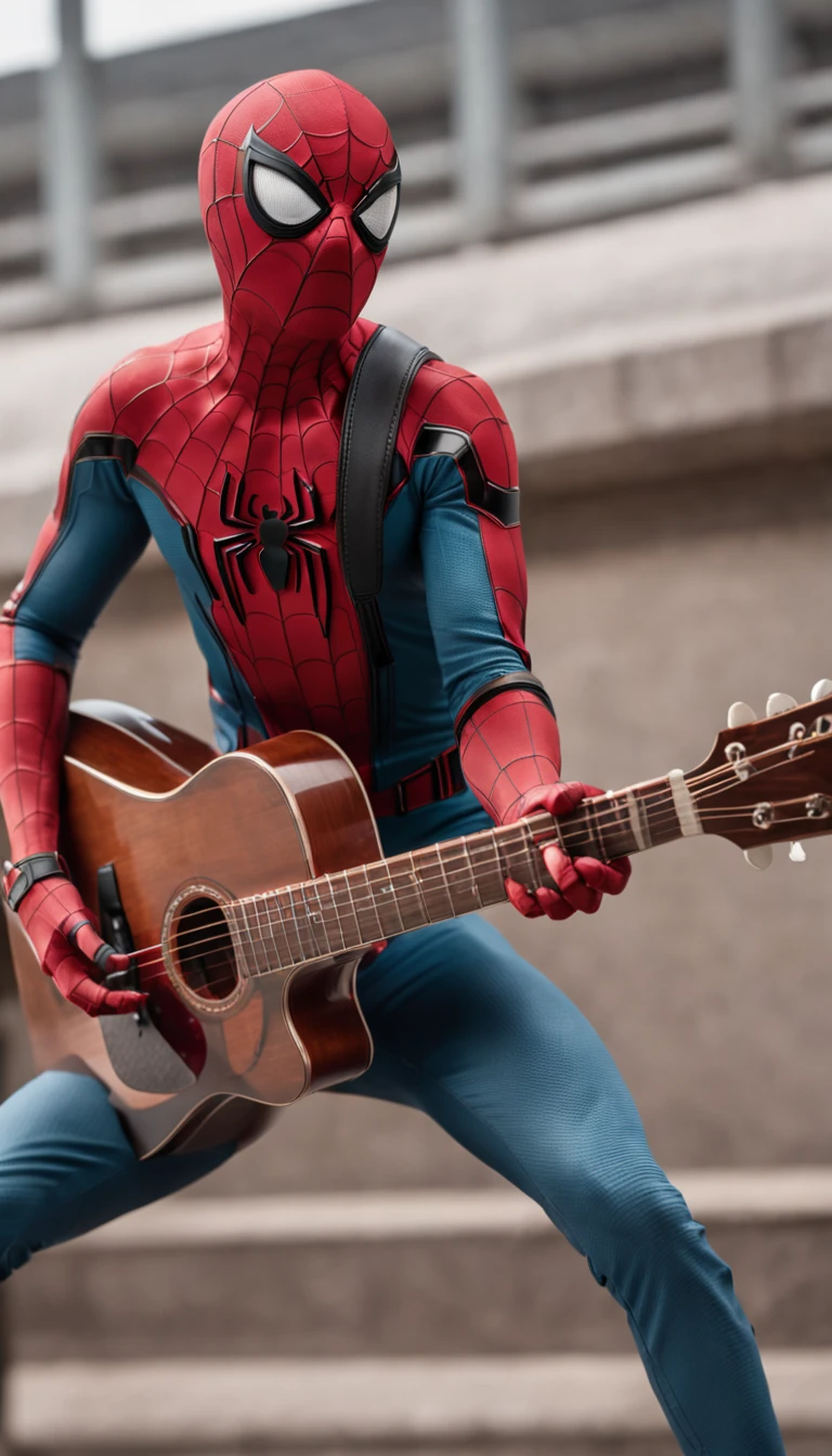 Spider-Man character from the Marvel movie playing guitar