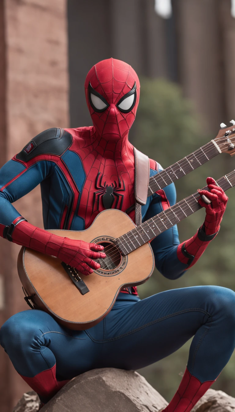 Spider-Man character from the Marvel movie playing guitar