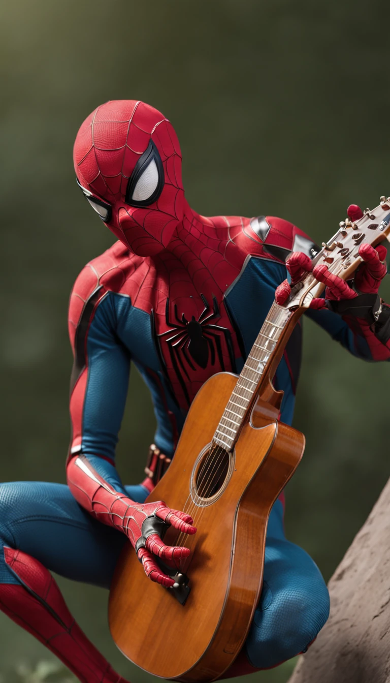 Spider-Man character from the Marvel movie playing guitar