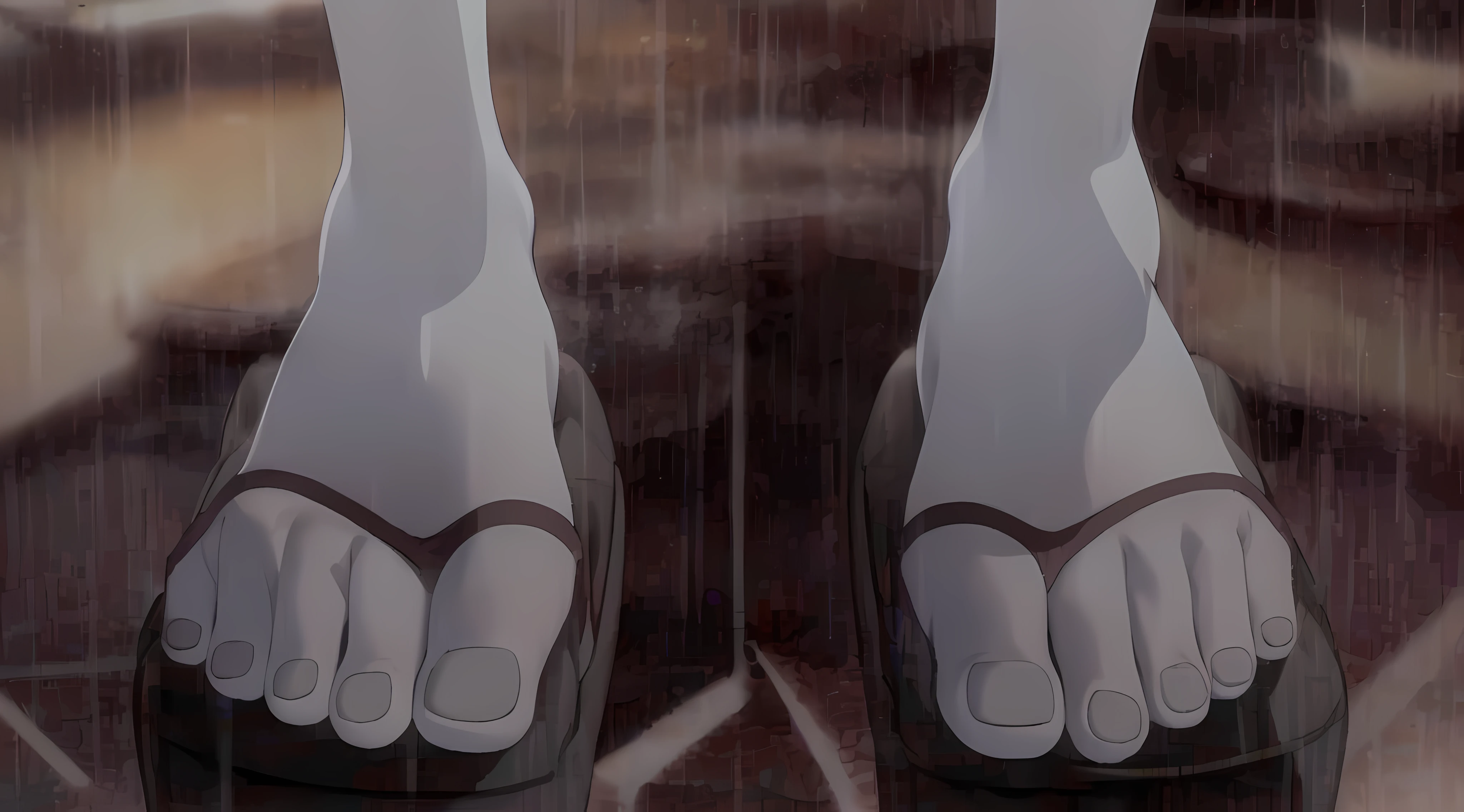 A *********** is standing in the rain with her feet in the air, captura de tela de um anime de 2012, Captura de tela do anime Guro, Captura de tela do filme de anime, No filme de anime Ergo Proxy, captura de tela do filme anime, ainda de anime, detailed legs looming over you, anime ainda frame, animation still screencap,