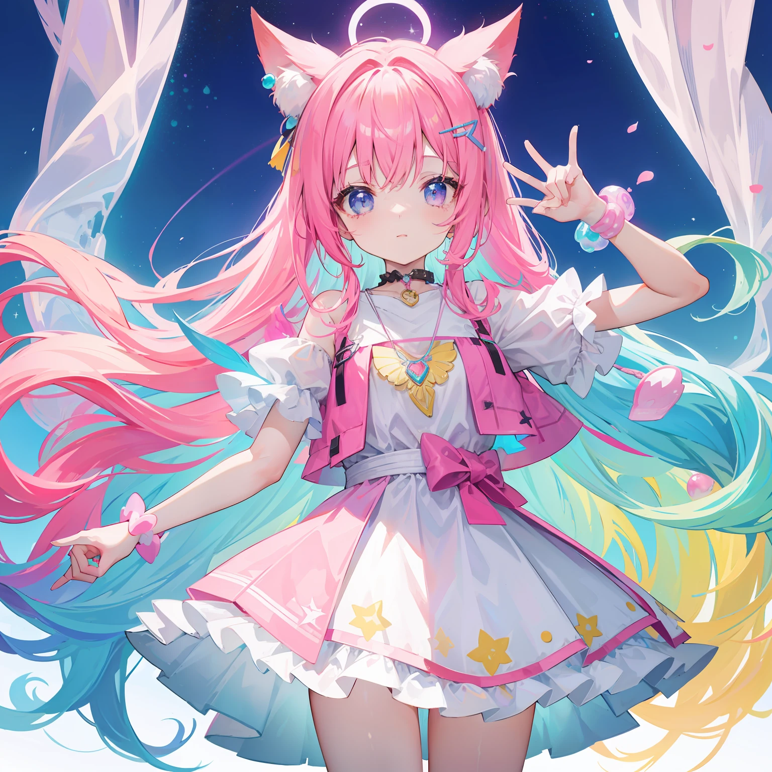 Colorful light background，long whitr hair，Has a bright pinkish-purple transparent gum texture，In pink、Wear yours with blue and white，yellow and greens，Cyan matching accessories pendant decoration，This is a very sweet and sweet loli girl
