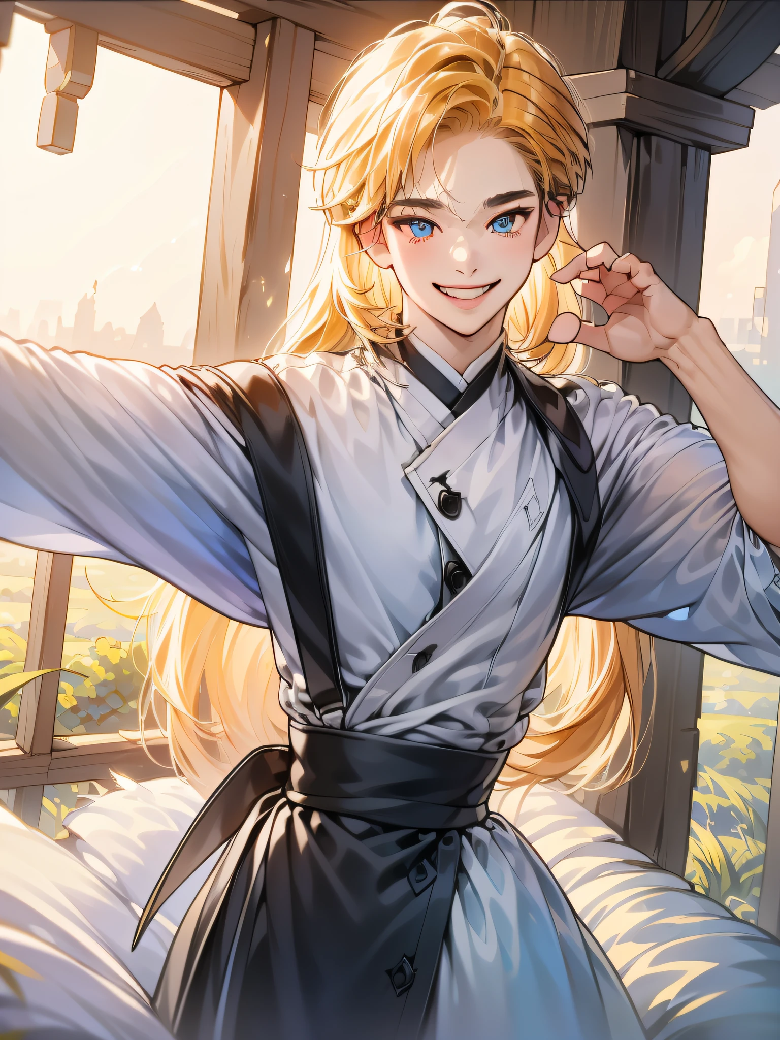 (in 8K、top-quality、​masterpiece:1.2)、1人の女性、(Smiling smile:1.1)、beautidful eyes、Valley、The upper part of the body、length hair、Like a boy、poneyTail、Blue View、