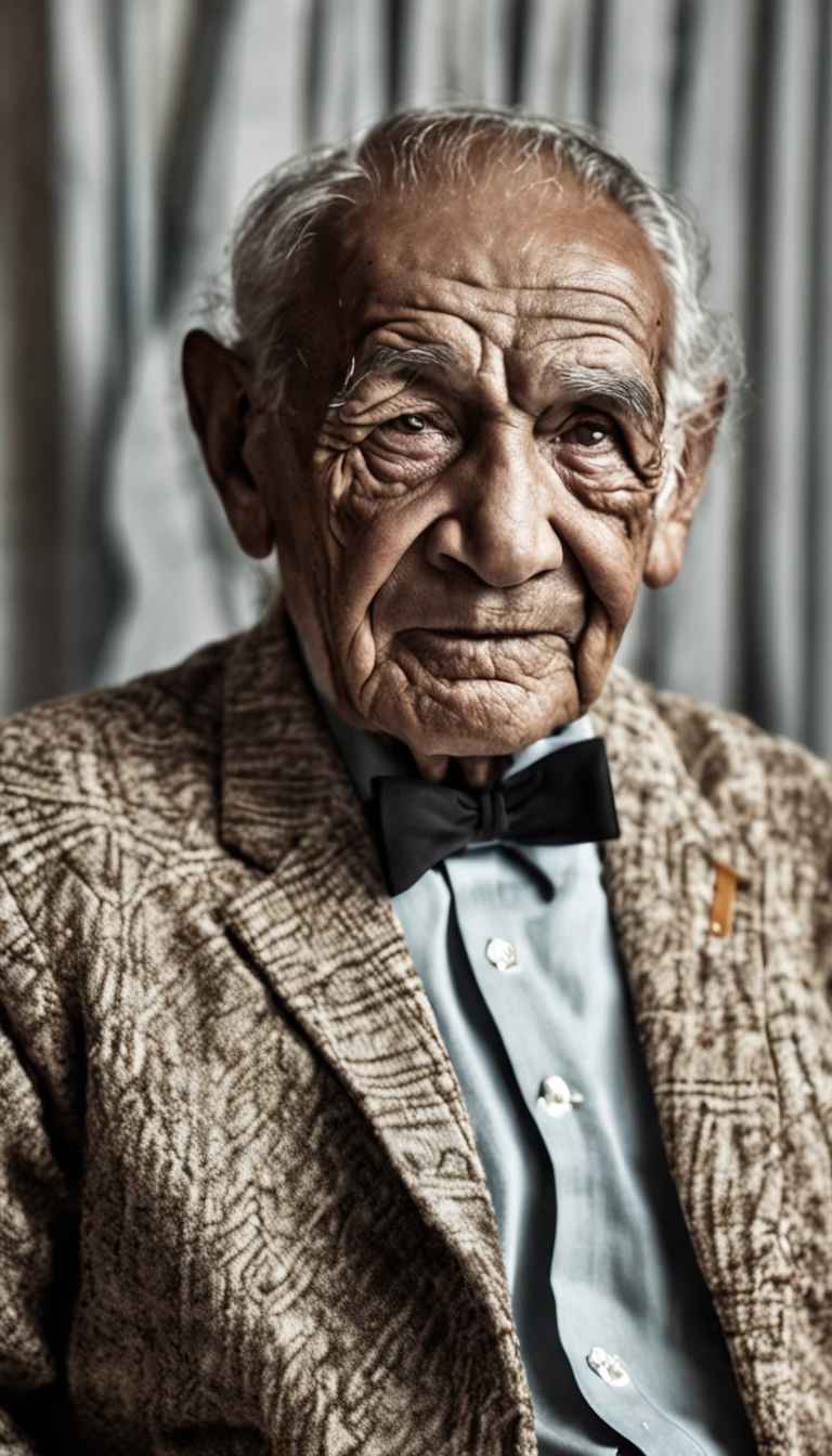 A foto foca no rosto do idoso, capturing the essence of your emotions in a contrasting environment. He is inside a luxury hotel, where opulence and refinement are predominant, But his simple appearance and tired expression stand out. The elderly is portrayed in the foreground, com a maior parte do fundo desfocado, focusing all attention on your face. His expression is one of weariness, com olhos ligeiramente semicerrados, as if he were fighting the weight of accumulated fatigue. The wrinkles that trace your face tell life stories, each line carrying a memory. Ele veste roupas simples, a worn cotton shirt that is a visible contrast to the sophistication of the environment around you. The garment is crumpled, sugerindo que ele viajou ou passou por alguma jornada antes de chegar ao hotel. The soft lighting enhances the texture of your skin and emphasizes the wrinkles and furrows that testify to the years that have passed. Seu olhar parece distante, as if contemplating the stories of his life that brought him to this moment. The blurry background is a mix of neutral tones and luxurious touches, such as details of tapestries and elegant furniture. No entanto, These elements do not steal the attention of the elderly person's face; They serve only as a soft backdrop that underscores the story he carries with him. The image captures a moment of contrast and reflection, where the elderly find themselves in an environment that is a palpable representation of the passage of time and the different layers of life. The expression of weariness conveys the journey lived, while its presence in the luxury hotel evokes the diversity of human experiences.