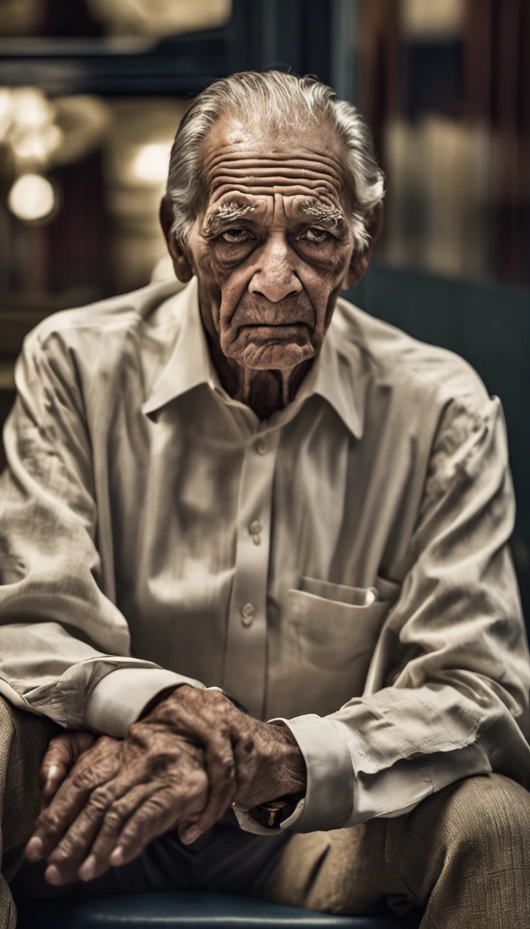 A foto foca no rosto do idoso, capturing the essence of your emotions in a contrasting environment. He is inside a luxury hotel, where opulence and refinement are predominant, But his simple appearance and tired expression stand out. The elderly is portrayed in the foreground, com a maior parte do fundo desfocado, focusing all attention on your face. His expression is one of weariness, com olhos ligeiramente semicerrados, as if he were fighting the weight of accumulated fatigue. The wrinkles that trace your face tell life stories, each line carrying a memory. Ele veste roupas simples, a worn cotton shirt that is a visible contrast to the sophistication of the environment around you. The garment is crumpled, sugerindo que ele viajou ou passou por alguma jornada antes de chegar ao hotel. The soft lighting enhances the texture of your skin and emphasizes the wrinkles and furrows that testify to the years that have passed. Seu olhar parece distante, as if contemplating the stories of his life that brought him to this moment. The blurry background is a mix of neutral tones and luxurious touches, such as details of tapestries and elegant furniture. No entanto, These elements do not steal the attention of the elderly person's face; They serve only as a soft backdrop that underscores the story he carries with him. The image captures a moment of contrast and reflection, where the elderly find themselves in an environment that is a palpable representation of the passage of time and the different layers of life. The expression of weariness conveys the journey lived, while its presence in the luxury hotel evokes the diversity of human experiences.