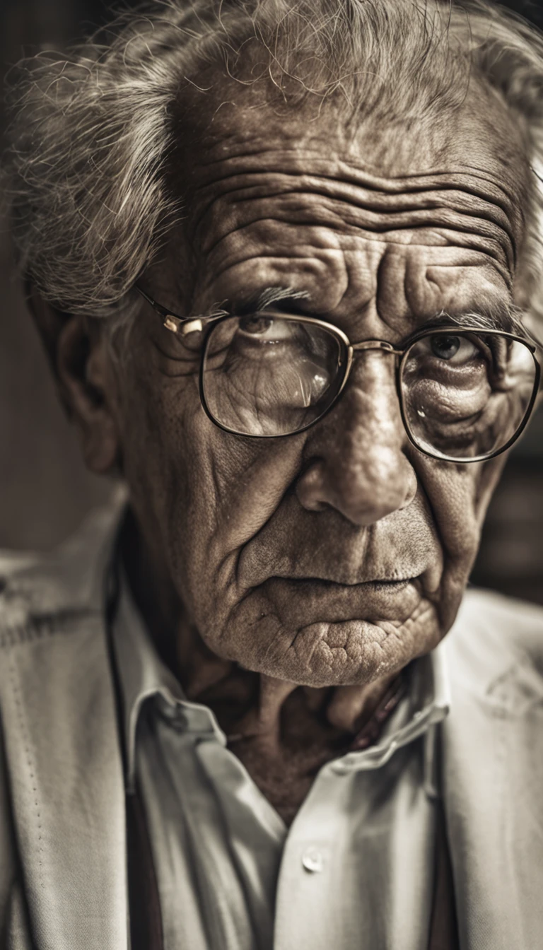 A foto foca no rosto do idoso, capturing the essence of your emotions in a contrasting environment. He is inside a luxury hotel, where opulence and refinement are predominant, But his simple appearance and tired expression stand out. The elderly is portrayed in the foreground, com a maior parte do fundo desfocado, focusing all attention on your face. His expression is one of weariness, com olhos ligeiramente semicerrados, as if he were fighting the weight of accumulated fatigue. The wrinkles that trace your face tell life stories, each line carrying a memory. Ele veste roupas simples, a worn cotton shirt that is a visible contrast to the sophistication of the environment around you. The garment is crumpled, sugerindo que ele viajou ou passou por alguma jornada antes de chegar ao hotel. The soft lighting enhances the texture of your skin and emphasizes the wrinkles and furrows that testify to the years that have passed. Seu olhar parece distante, as if contemplating the stories of his life that brought him to this moment. The blurry background is a mix of neutral tones and luxurious touches, such as details of tapestries and elegant furniture. No entanto, These elements do not steal the attention of the elderly person's face; They serve only as a soft backdrop that underscores the story he carries with him. The image captures a moment of contrast and reflection, where the elderly find themselves in an environment that is a palpable representation of the passage of time and the different layers of life. The expression of weariness conveys the journey lived, while its presence in the luxury hotel evokes the diversity of human experiences.