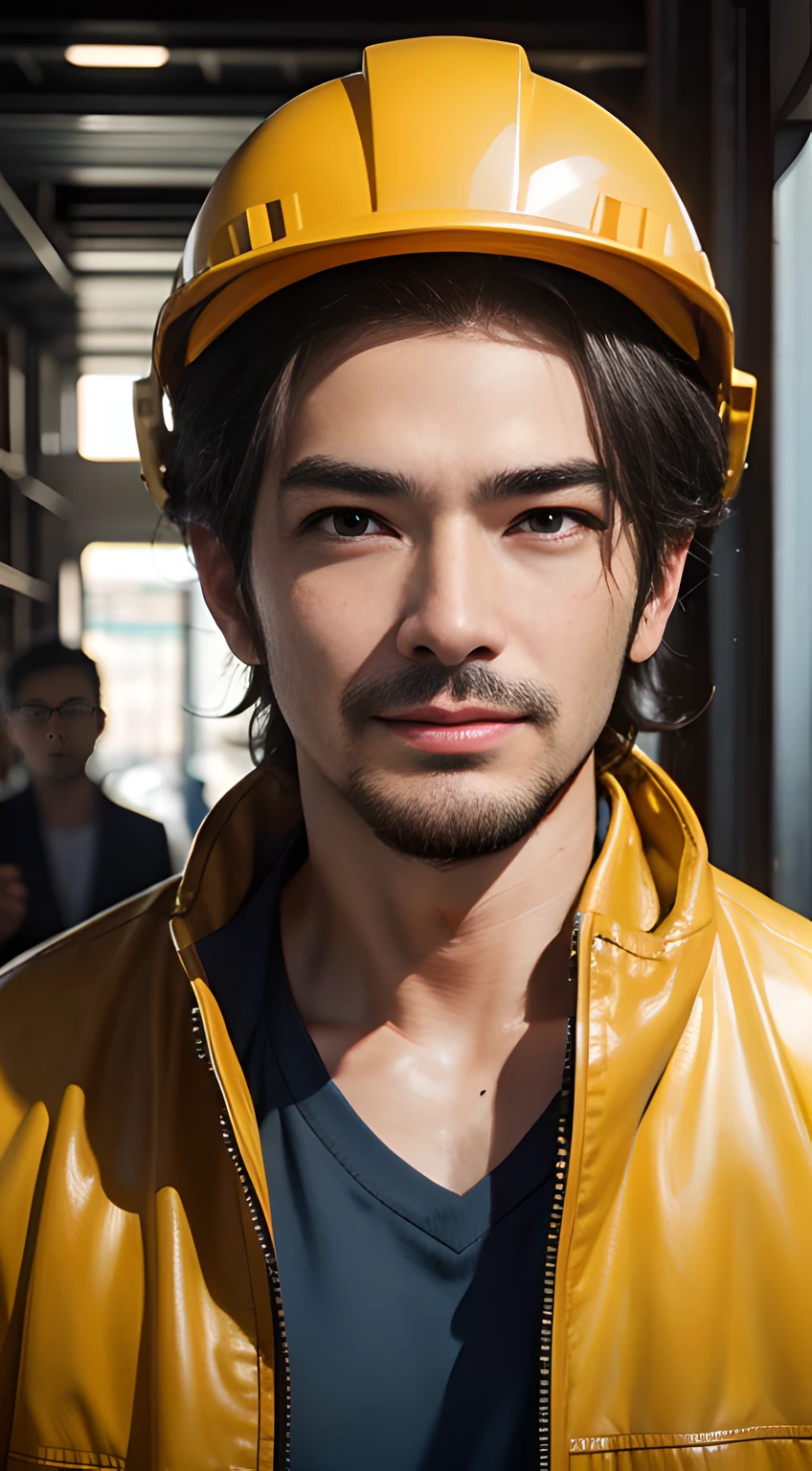 ((Men only)), (head shot), (handsome muscular man in his 20s), (man working at a construction site wearing a yellow helmet), (Takeshi Kaneshiro), (Mischievous smile), (detaile: 1 in 1), Natural muscles, HIG quality, beautidful eyes, (Detailed face and eyes), (Face、: 1 / 2), Noise, Real Photographics、... .................................................................................................................PSD, Sharp Focus, High resolution 8K, realisitic & Professional Photography, 8K UHD, Soft lighting, High quality, Film grain, FujifilmXT3