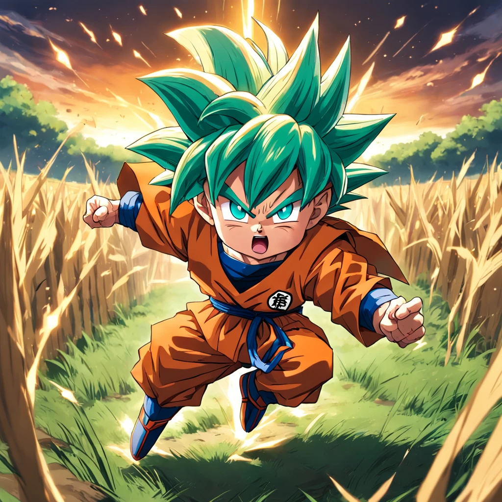 Goku chibi chara em uma pose de luta, em um campo de batalha