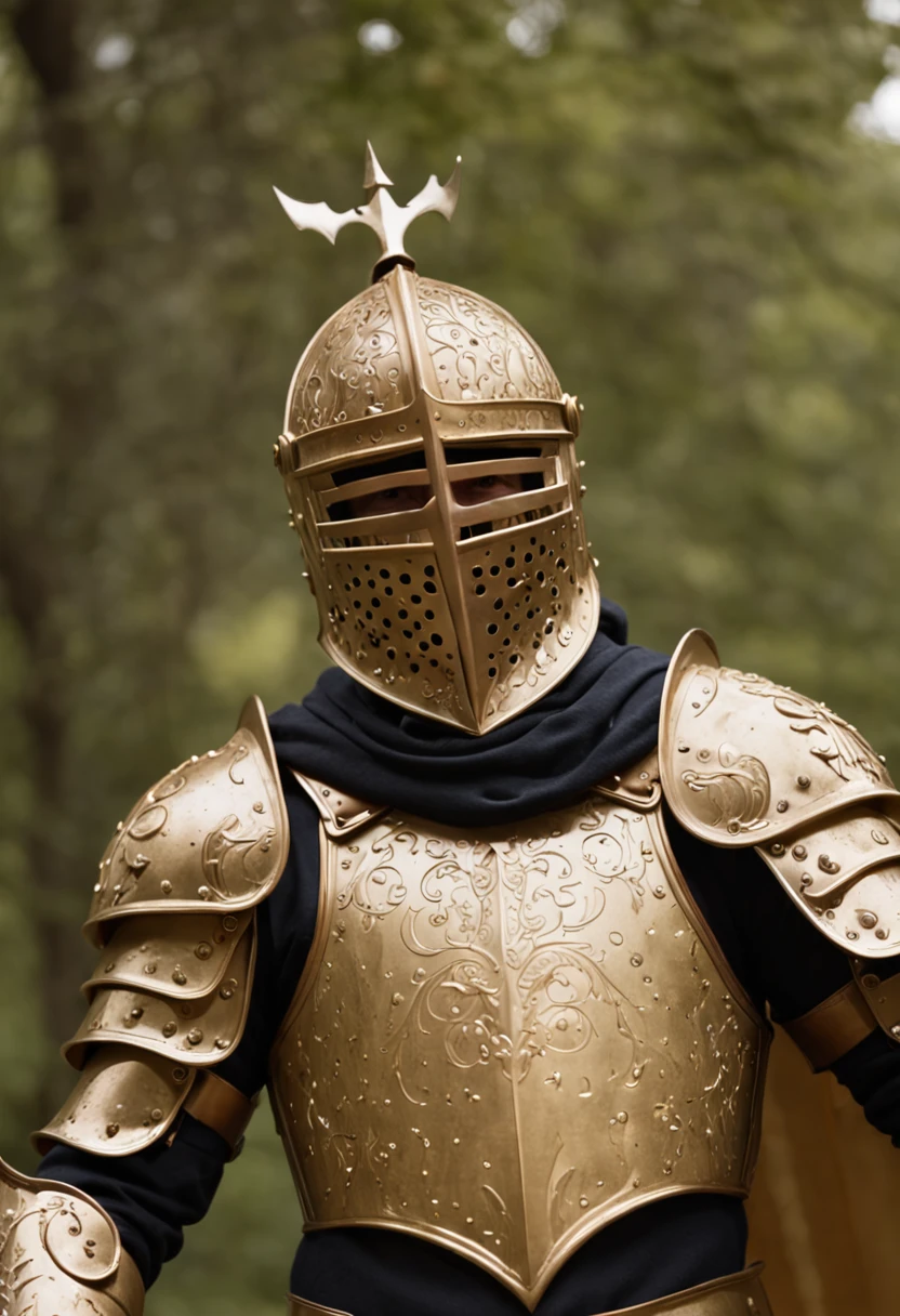 Knight wearing gleaming golden armor wielded a luminous sword that emanates a lot of light and a strong shield that the hardest rock poses for presentation not cut image best quality possible