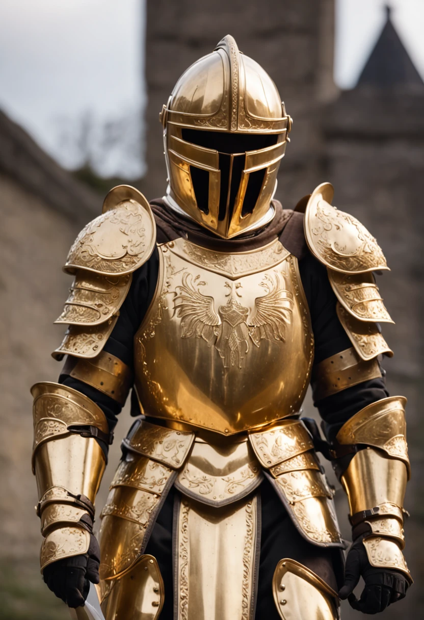 Knight wearing gleaming golden armor wielded a luminous sword that emanates a lot of light and a strong shield that the hardest rock poses for presentation not cut image best quality possible