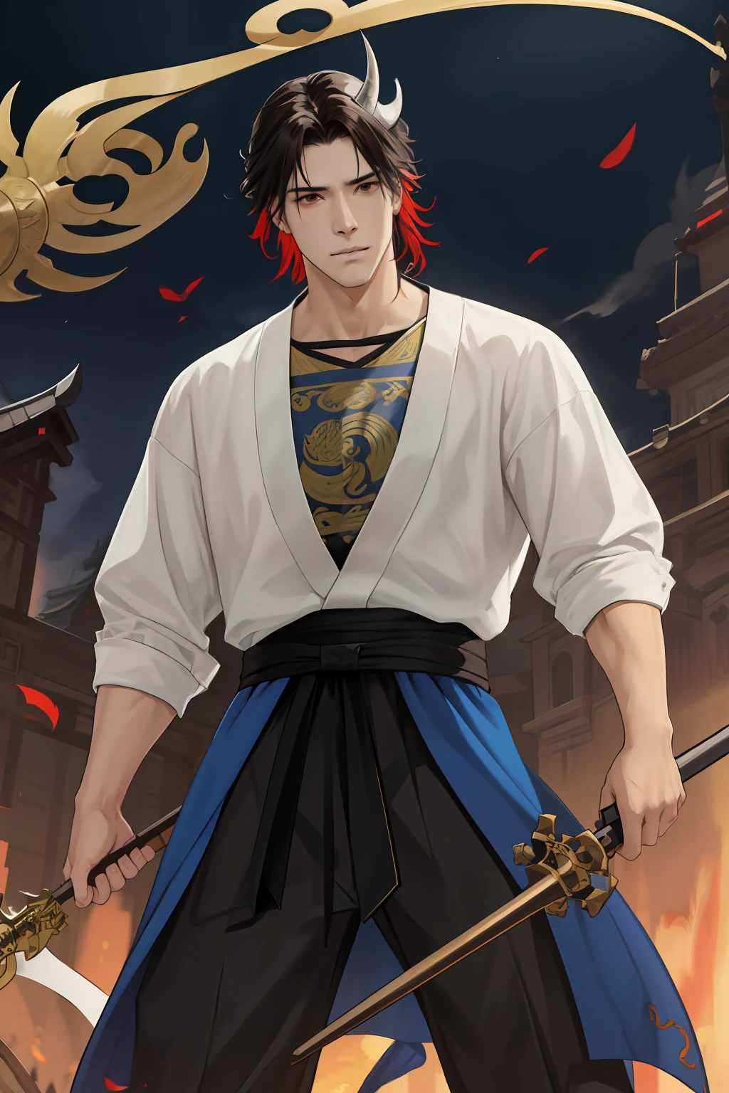 NSFW, obra-prima, melhor qualidade, ultra-detalhado, semi-realista, detailedfacialfeatures, 2homem,usando roupa de guerra antiga wuxia,cabelos compridos negros,olhos escuros,manly,fierce demon king,Villanious,bonito,Hate-filled face,standing holding a heavy spear on the left,horned head,mal,vestimenta masculina de batalha