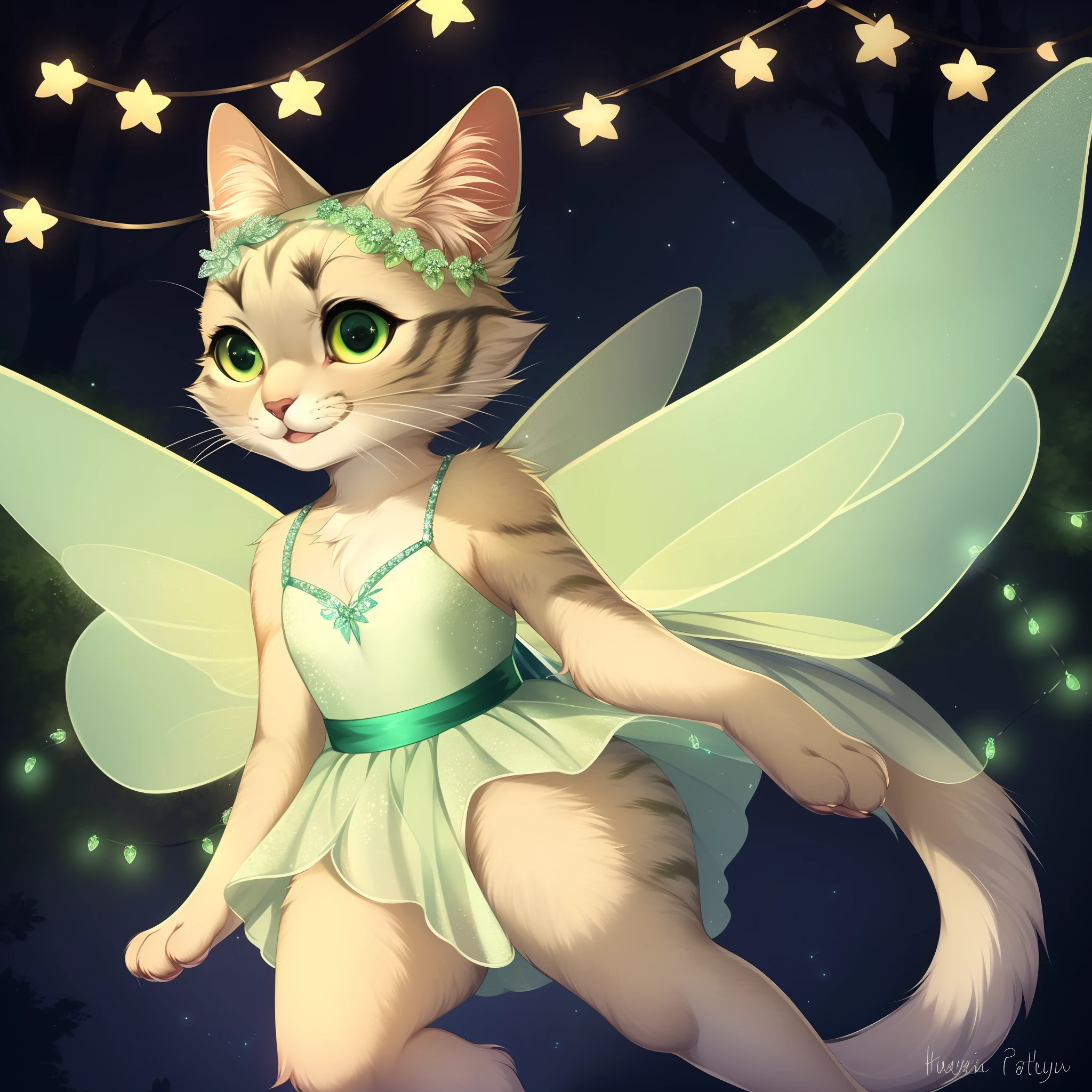 kallie, cat anatomy, anthropomorphic, standing on hind legs, flying, in a magical forest, at night, fairy lights, wearing green fairy dress, elegant fairy wings, smiling, glowing green eyes, highly detailed, by fumiko, by hyattlen, cute paws for hands, paws, good cat anatomy, portrait, close up