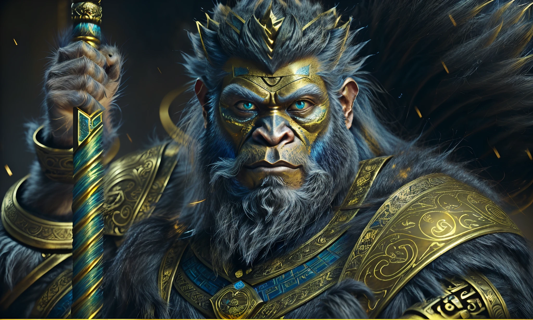 ((With a golden stick,Rotate the texture))，（Monkey transforms into bearded man ，golden yellow hair，））, mito，dream magical，(（(Light exposure）))，((marmoset render，Golden hair，)), Wukong, unreal engine character art, Son Goku, 4k concept art and hyper realism, hyper-detailed fantasy character, cgsociety uhd 4k highly detailed, 3 d ape shaman profile portrait, Rendu portrait 8k, 8 k cg render,((dark aesthetic))),Ancient Chinese armor，The eyes glow blue light,Hold a stick in your hand,Monkey's face,火焰