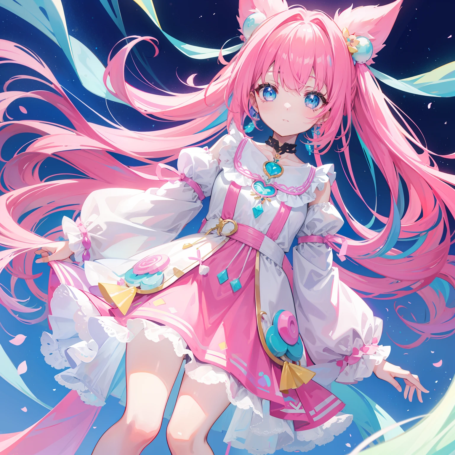 Colorful light background,long whitr hair,Has a bright pinkish-purple transparent gum texture,In pink、Wear yours with blue and white,yellow and greens,Cyan matching accessories pendant decoration,This is a very sweet and sweet li girl