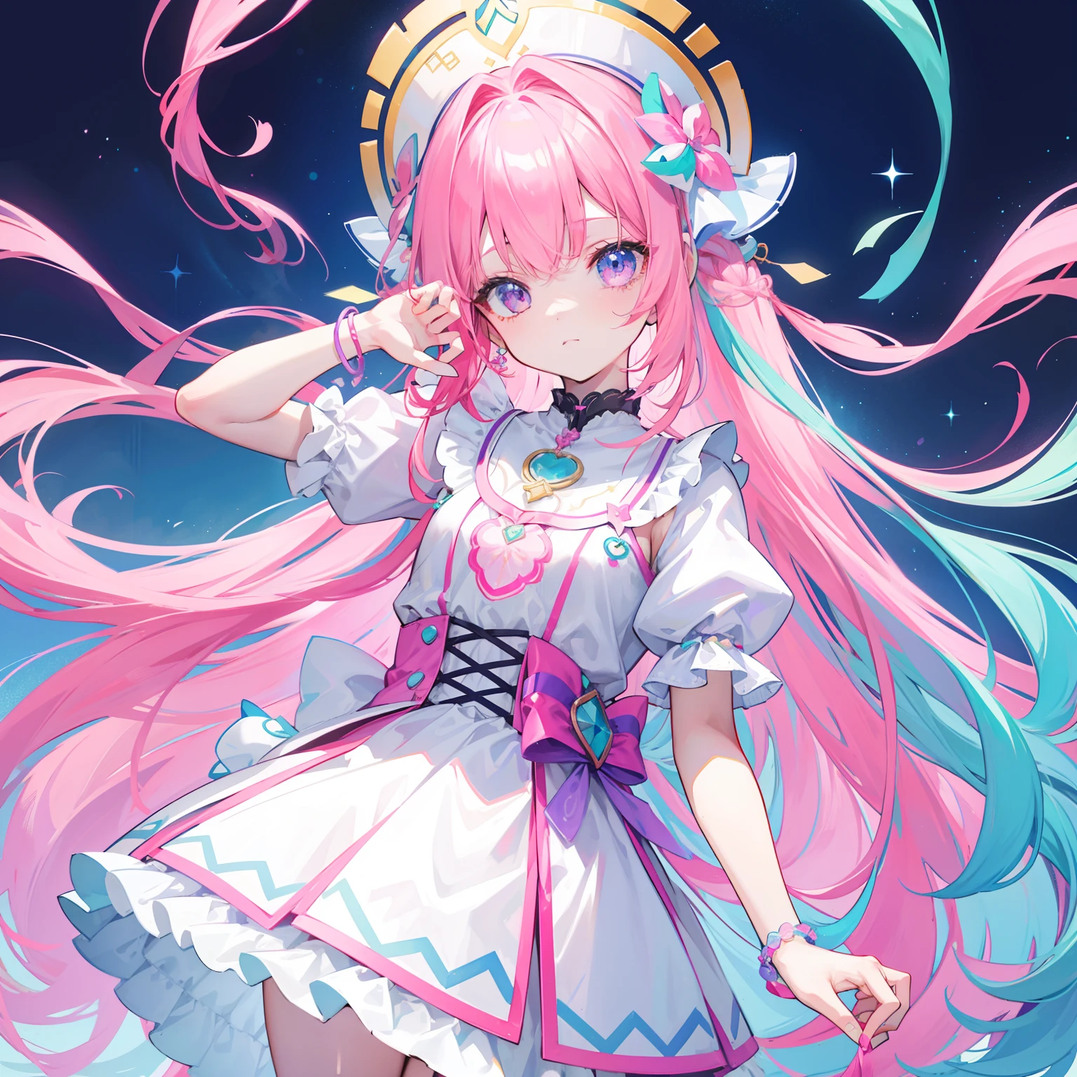 Colorful light background，long whitr hair，Has a bright pinkish-purple transparent gum texture，In pink、Wear yours with blue and white，yellow and greens，Cyan matching accessories pendant decoration，This is a very sweet and sweet loli girl