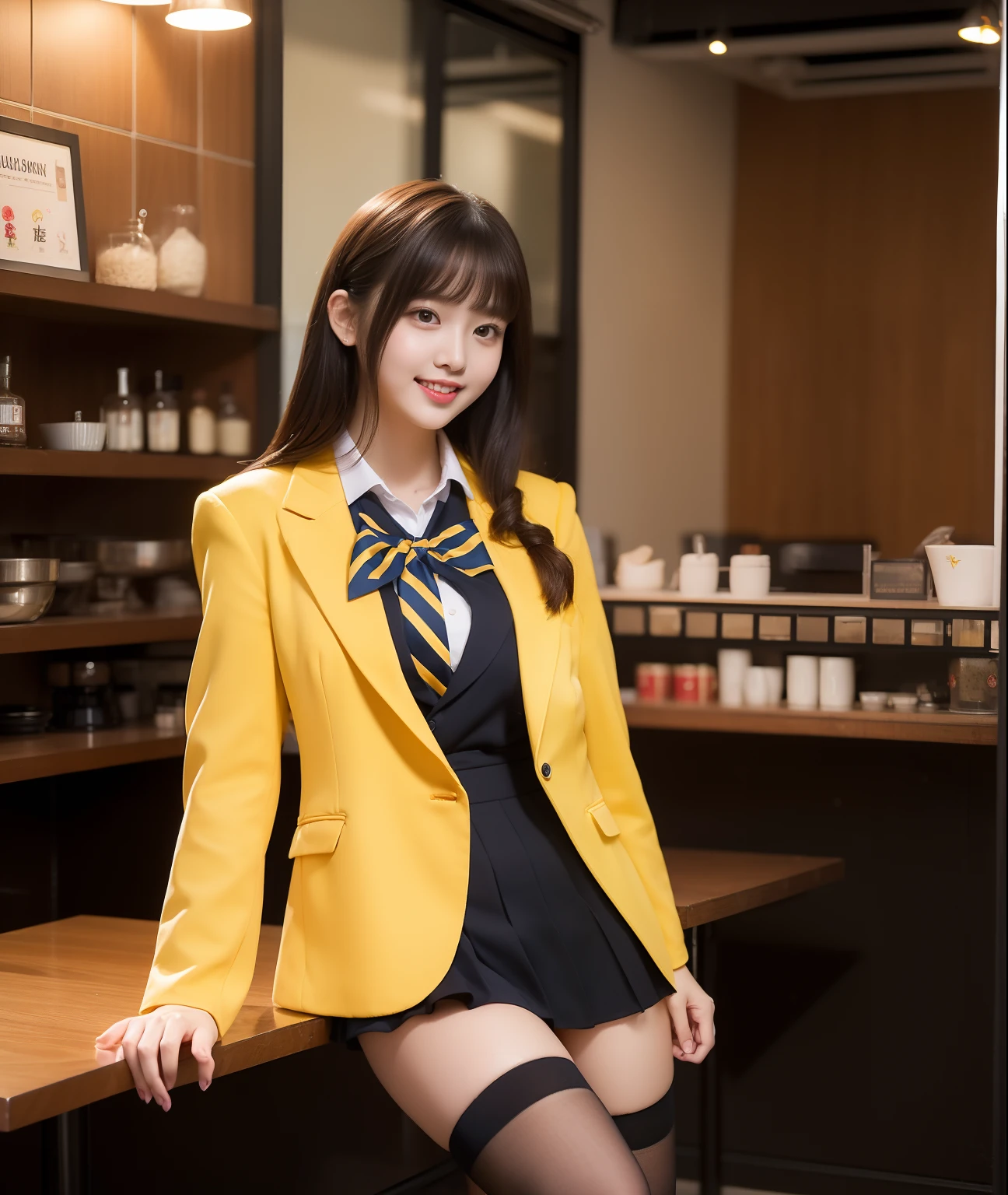 ((Best Quality, 8K, Masterpiece: 1.3)), a beauti, In addition, melon face, Friendly and cute, sweet smile, Pure desire, Slender body, (s whole body), (tilted head), ((looking at camera)), Medium Black Silky Straight Hair, Long flowing shoulders, round black big eyes, clear big eyes, moist red lips, Cafe shop background, ((full body shooting)), (Yellow Blazer, bows, Sneakers, Red Stockings, High School Uniform: 1.2, ), (Big breasts), (full body shots)