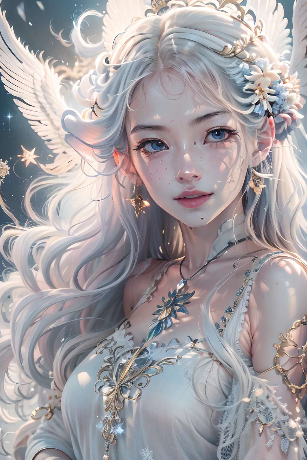 There is a with wavy hair, long and a unicorn on the white background, arte digital detalhada fofa, lindo estilo de arte, estilo fantasia, anime fantasy illustration, Soft anime illustration, a beautiful art illustration, white wallpaper illustration, white unicorn, anime fofo, linda pintura digital, Como, Remover a marca d'water