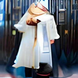 araffe dressed in a white robe and hat with a cane, white robe with gold accents, dressed thobe, long flowing white robe, flowing white robes, dressed in white robes, long white cloak, long white cape, very long white cloak, full body portrait shot, wearing white robe, robed, wearing white robes!, white cloak, wearing white robes