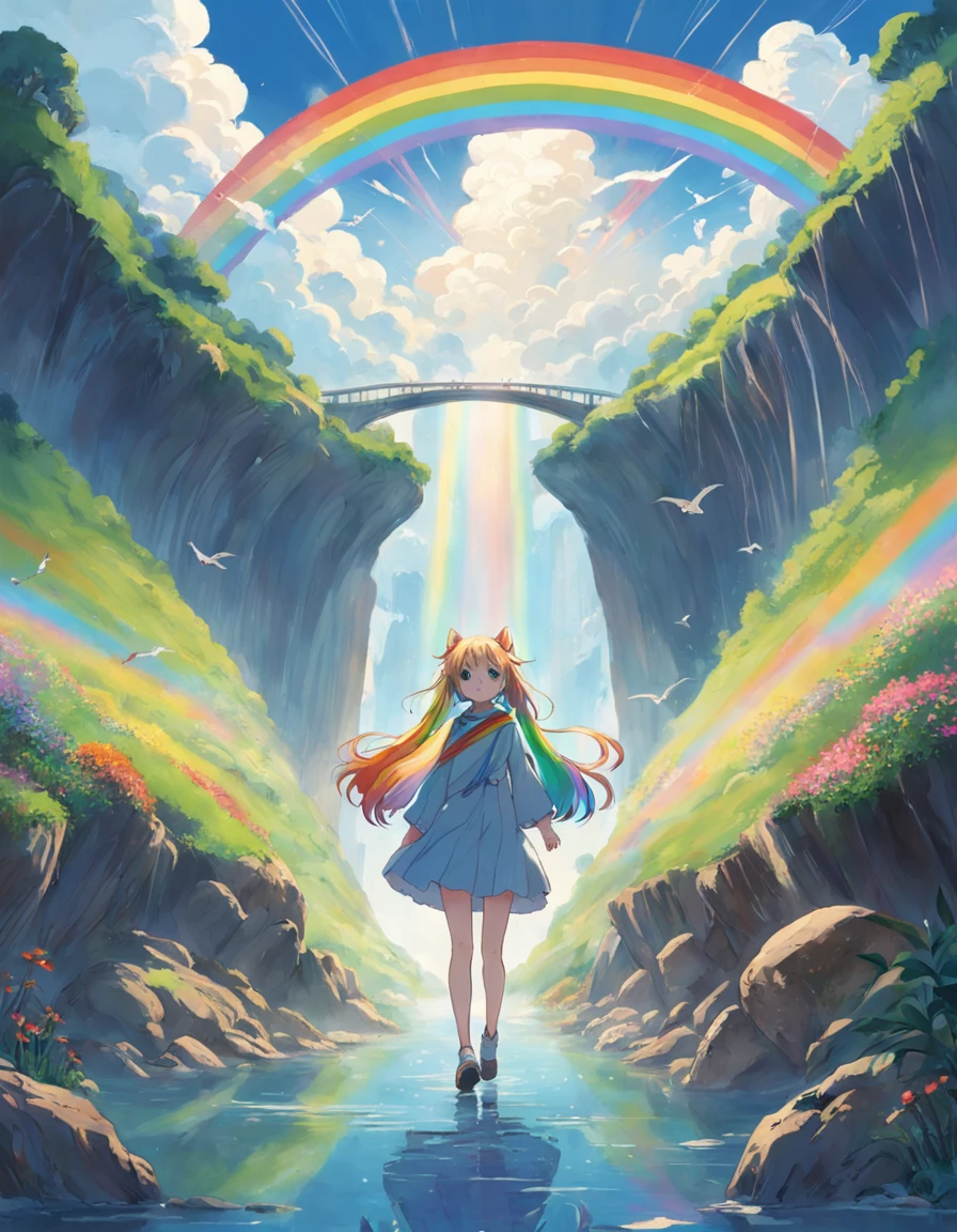 Prompt:
"A beautiful woman crossing the rainbow bridge."
Negative prompt:
"A hideous creature trapped on the rainbow bridge."