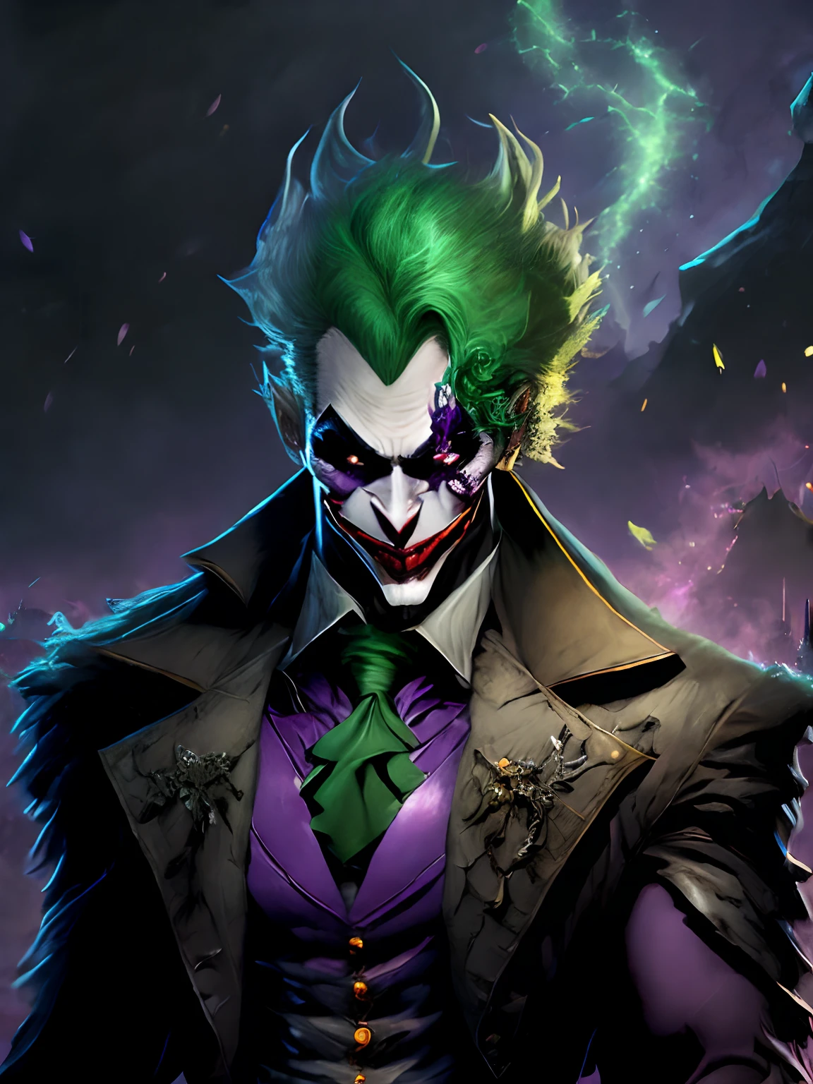 (((full body))), ((joker from dc comix, maquiagem vibrante)), sorrindo, Terno preto com detalhes prateados, Paisagem caotica, luz de fundo laranja, lightnings, chamas, fagulhas, smoke billowing, esquema de cores vivas e brilhantes, anime, illustration, Textura detalhada da pele, textura de pano detalhada, Rosto bonito e detalhado, detalhes intrincados, ultra detalhado.