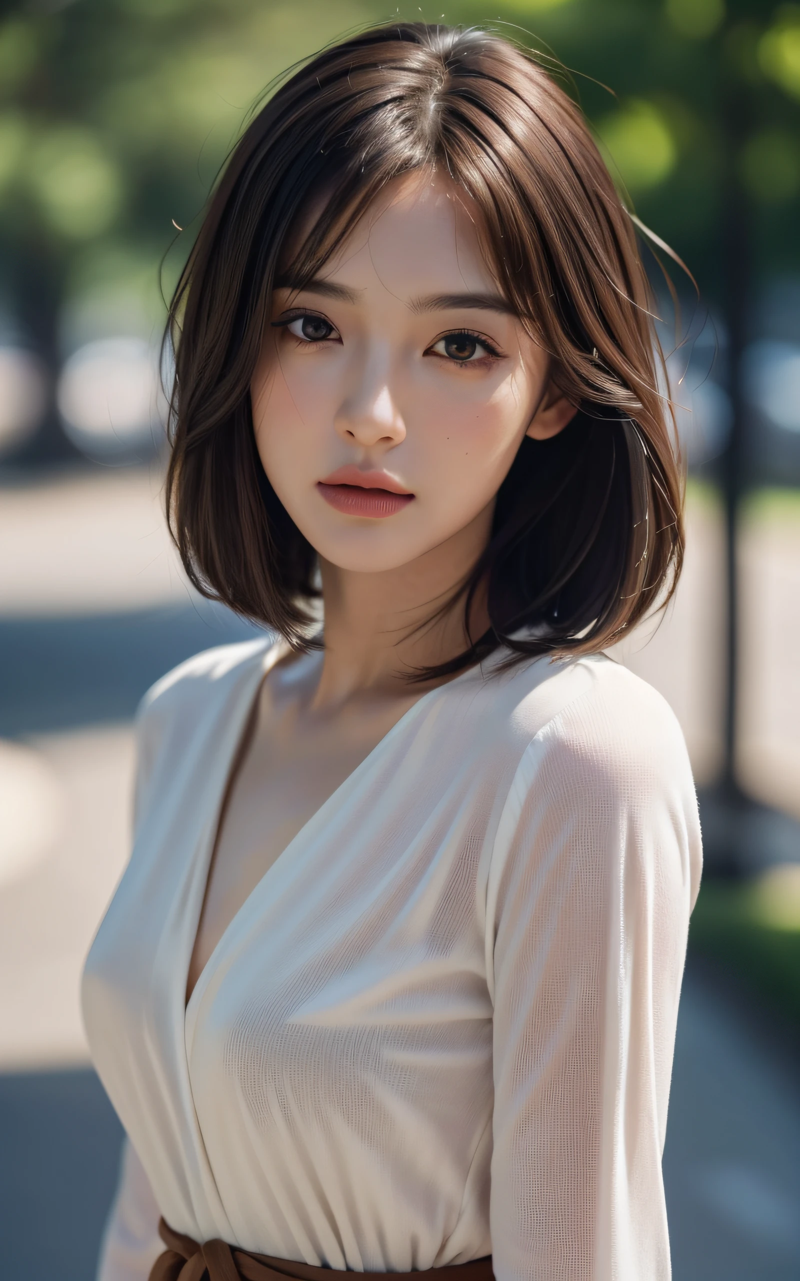 masterpiece, best picture quality, high quality, beautiful japanese girl, Lovely, Gravure Idol Picture, detailed, detailed eyes, detailed skin, beautiful skin, 超high resolution, (Reality: 1.4),very beautiful, The face is slightly younger, beautiful skin, thin and long, (超Reality), (high resolution), (8k), (very detailed) (beautifully detailed eyes), (super detailed), (wallpaper), (detailed face), looking at the audience, Exquisite details, detailed face, sad, Sexy, Vest, Pants, look straight ahead, look straight ahead, From the waist up, Realistic photos, bright lights, professional lighting, mature woman, (brown hair, bob hair, layered cutting, swaying in the wind, Bangs),