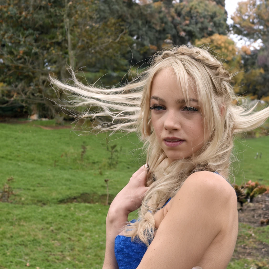 top quality, very delicate and beautiful, girl, , (one), British, blonde, blonde to the waist, long hair, high-leg swimsuit, sagging eyes, (blue hair band), brown boots, blue eyes, standing, smile,