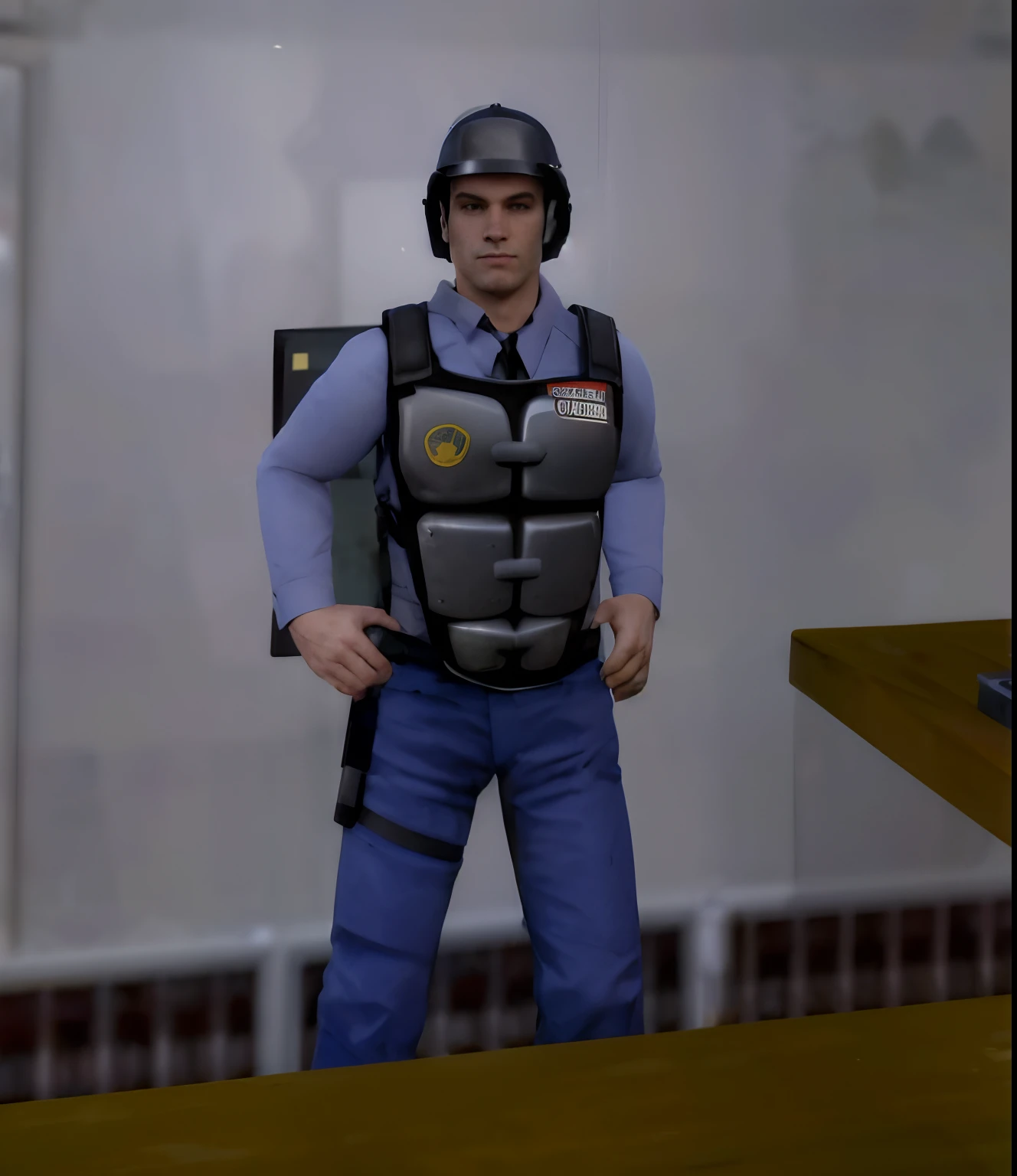 Man in police uniform standing in a room, security agent, 3 d render de jerma 9 8 5, a bulletproof vest, em gta vice city, gta personagem, GMD, no jogo, in - jogo, 9 0 s jogo de tiro em primeira pessoa, no jogo, bullet proof vest, CGI inicial, traje: soprar, oficial, bullet proof vest