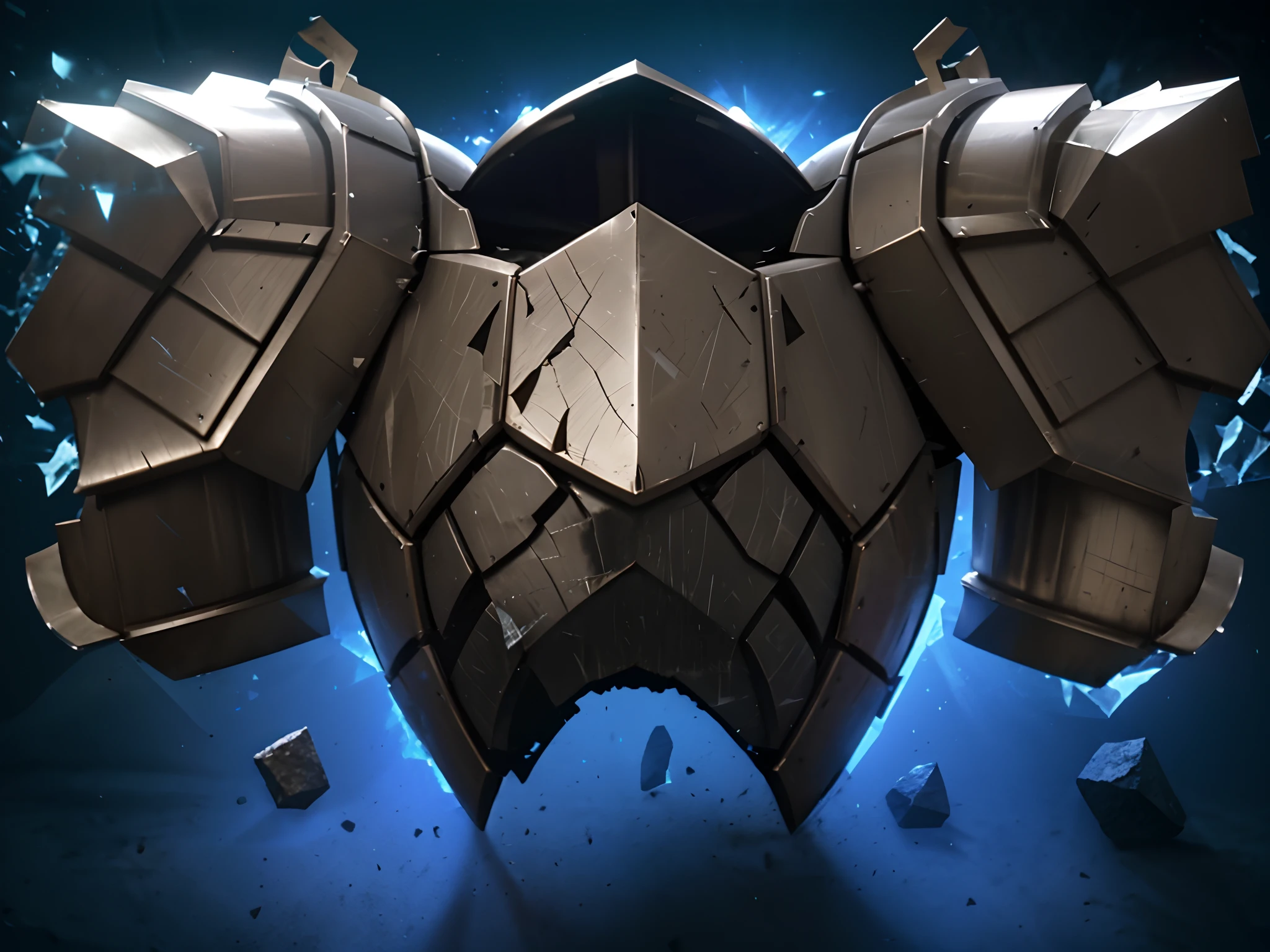 Close-up of sturdy armor,There is a stone on it, chest plate, heavy chestplate armor, Cracks in the armor, huge stylized pauldrons, Destroyed armor, Avatar image, chest plate, damaged armor, fractal ceramic armor, infinity blade armor, armour merging with body, steel armor, chest plate, Glowing cracks in armor, Heavy plate armor