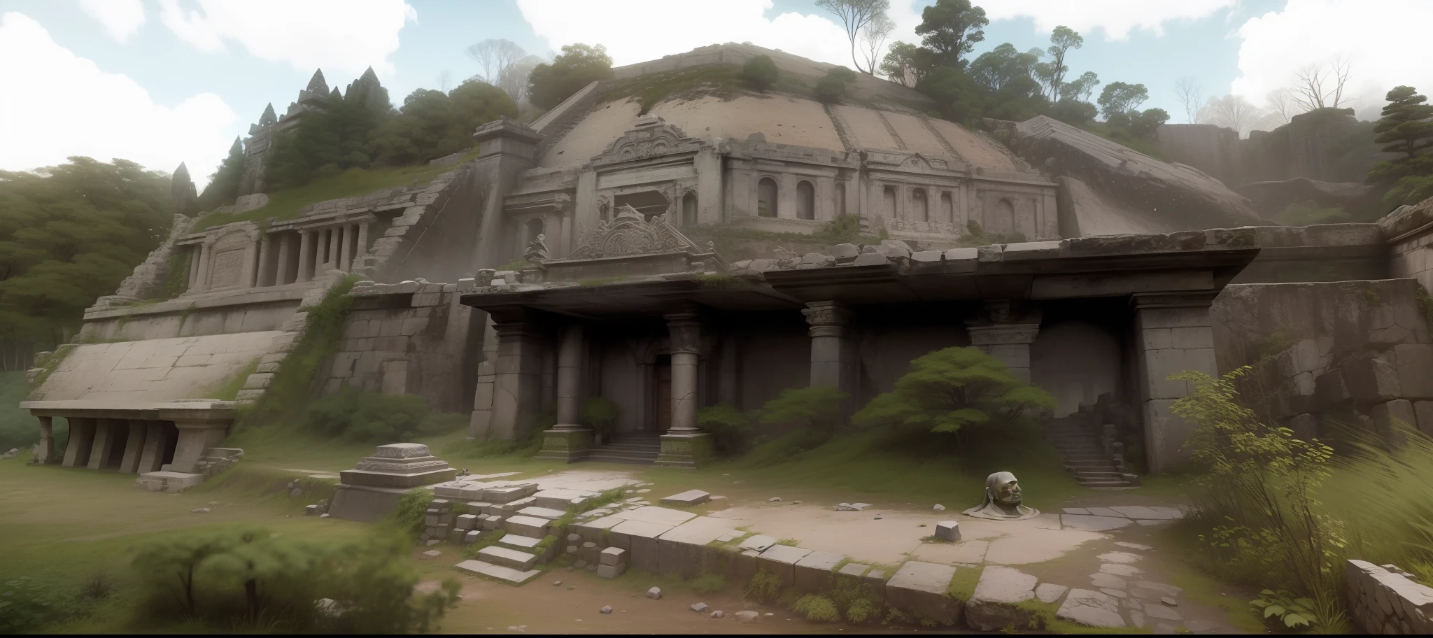 arafed stone statue in a forest with a dark background, unreal maya, huge giant old ruins, realistic facial features ”, in a movie still cinematic, ps3 game, neo - andean architecture, giant head statue ruins, examining ruins, face shown, mekka, broken mask