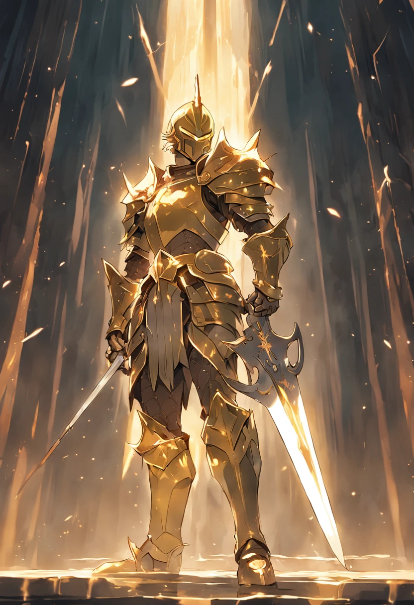 Knight wearing gleaming golden armor wielded a luminous sword that emanates a lot of light and a strong shield that the hardest rock poses for presentation not cut image best quality possible