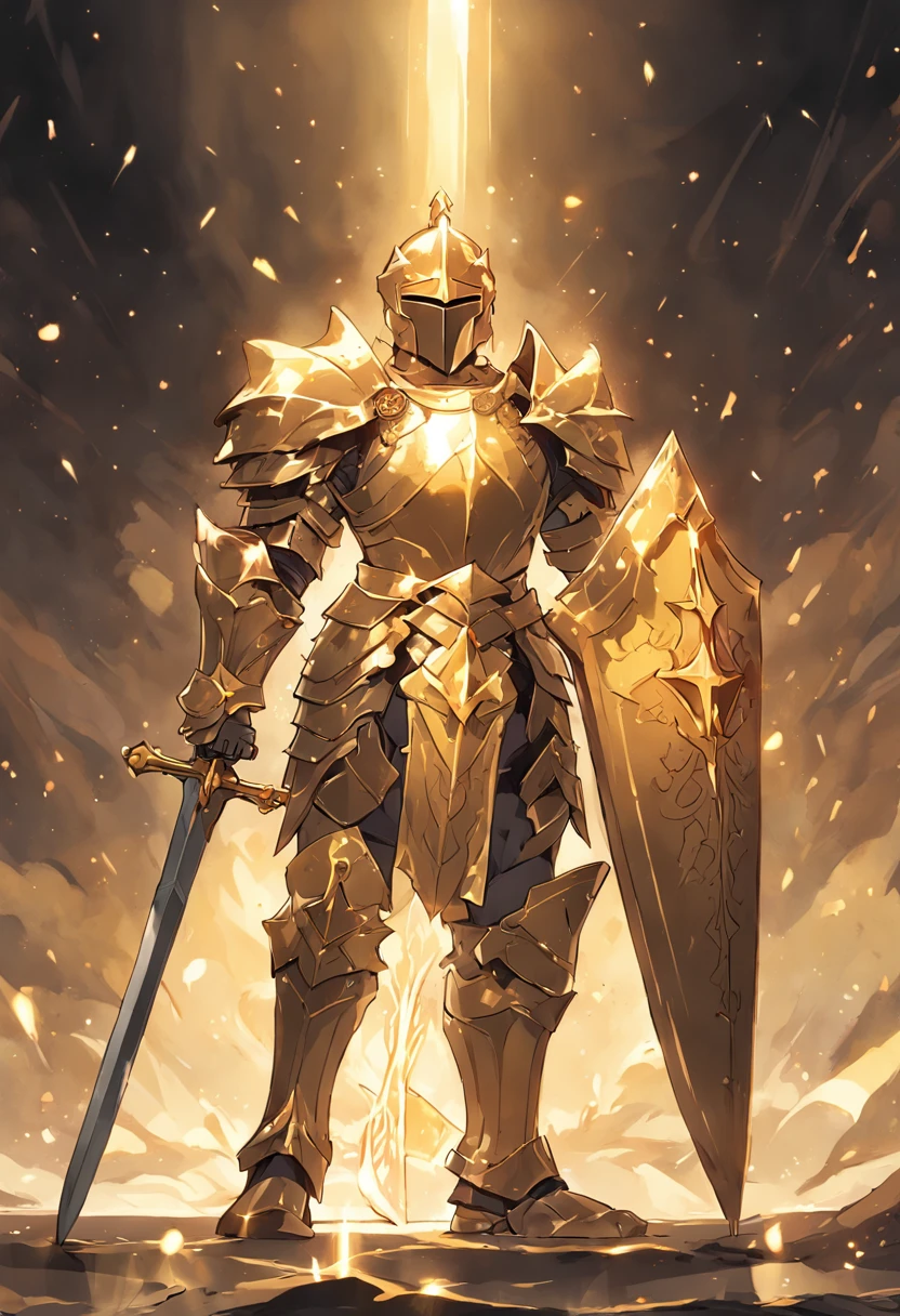 Knight wearing gleaming golden armor wielded a luminous sword that emanates a lot of light and a strong shield that the hardest rock poses for presentation not cut image best quality possible