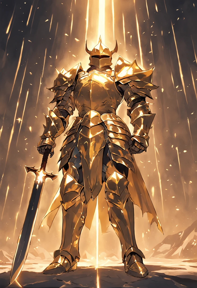 Knight wearing gleaming golden armor wielded a luminous sword that emanates a lot of light and a strong shield that the hardest rock poses for presentation not cut image best quality possible