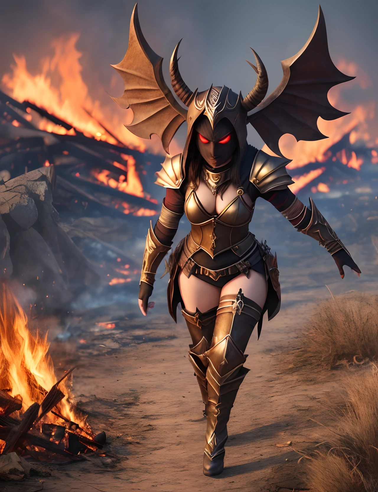 **uglee woman, mid 20, view Full body, with shadow armor realistic, red eyes, devil horns.4k, in to the fire** --auto --s2