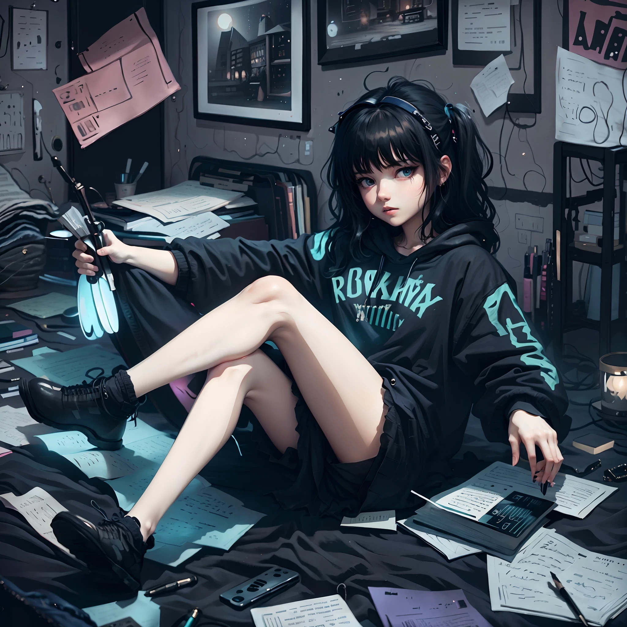 emo girl sitting on the floor doing her homework in her room at night soft lights on