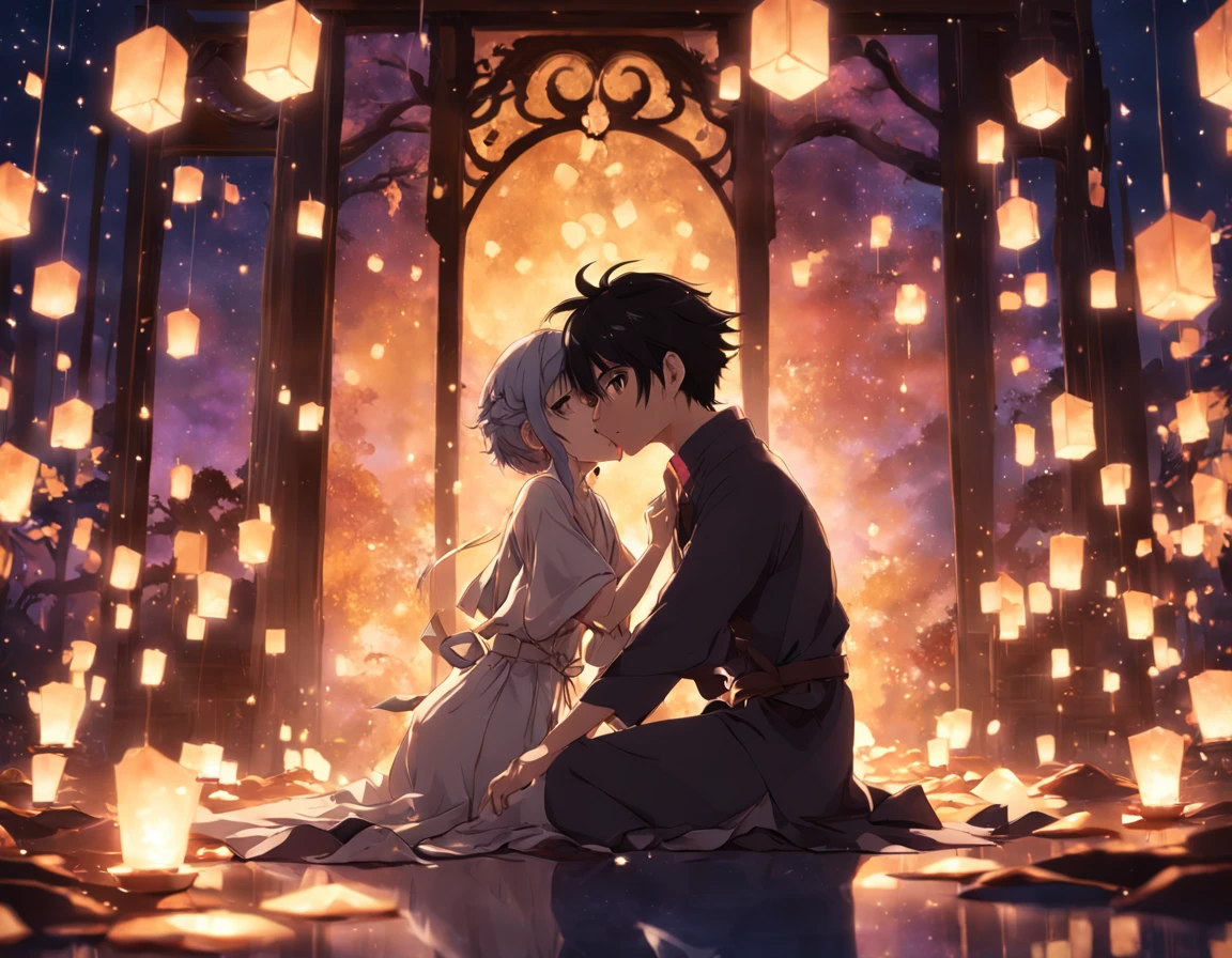 (extremamente detalhado CG unidade 8k papel de parede), master part, melhor qualidade, ultra-detalhado, celestial lighting, mystic atmosphere, (Okuyashu Nijimura com Yukako Yamagishi:1.5), romantic setting, cena de amor