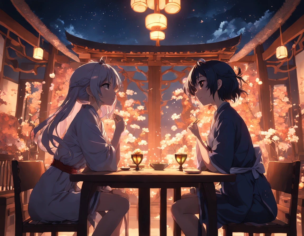 (extremamente detalhado CG unidade 8k papel de parede), master part, melhor qualidade, ultra-detalhado, celestial lighting, mystic atmosphere, (Okuyashu Nijimura com Yukako Yamagishi:1.5), romantic setting, cena de amor