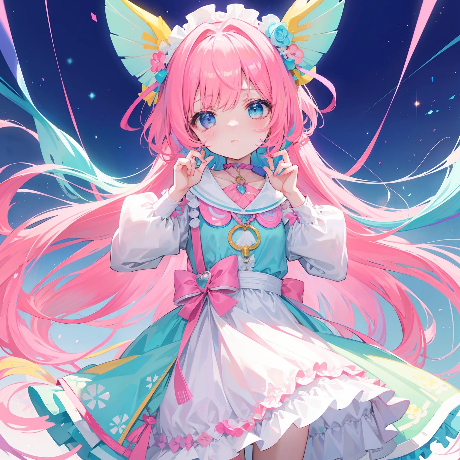 Colorful light background，long whitr hair，Has a bright pinkish-purple  gum texture，In pink、Wear yours with blue and white，yellow and greens，Cyan matching accessories pendant decoration，This is a very sweet and sweet  girl