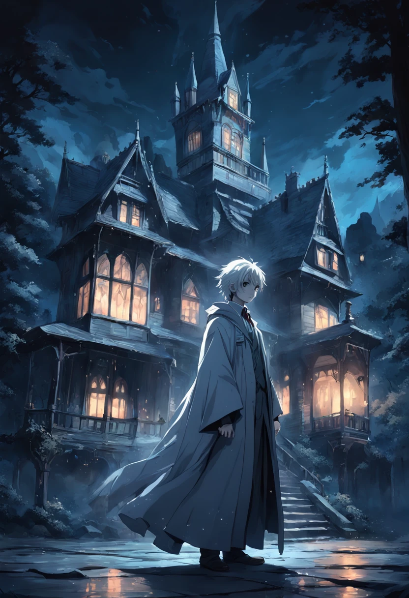 darkly, The old Victorian house stands alone in the moonlight,The color is bright,dark night background,Men ,White color hair,Light blue eyes,long white robe,Castle at the back,Harry Potter style wizard,Tender,apathy