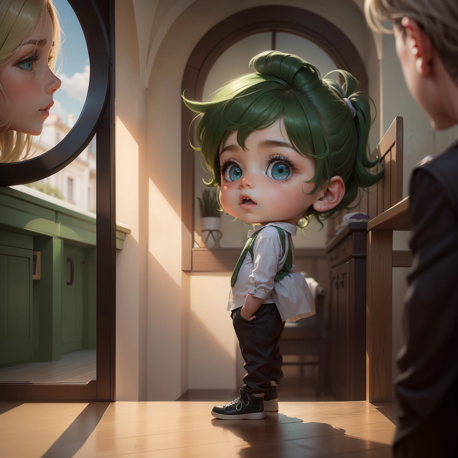 olhos verdes, cabelos loiros , no ties in the hair, with another child in the background