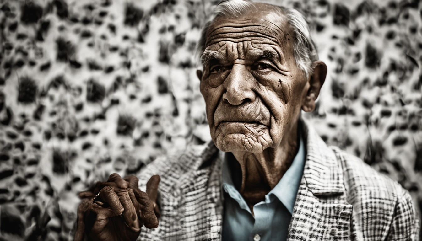 A foto foca no rosto do idoso, capturing the essence of your emotions in a contrasting environment. He is inside a luxury hotel, where opulence and refinement are predominant, But his simple appearance and tired expression stand out. The elderly is portrayed in the foreground, com a maior parte do fundo desfocado, focusing all attention on your face. His expression is one of weariness, com olhos ligeiramente semicerrados, as if he were fighting the weight of accumulated fatigue. The wrinkles that trace your face tell life stories, each line carrying a memory. Ele veste roupas simples, a worn cotton shirt that is a visible contrast to the sophistication of the environment around you. The garment is crumpled, sugerindo que ele viajou ou passou por alguma jornada antes de chegar ao hotel. The soft lighting enhances the texture of your skin and emphasizes the wrinkles and furrows that testify to the years that have passed. Seu olhar parece distante, as if contemplating the stories of his life that brought him to this moment. The blurry background is a mix of neutral tones and luxurious touches, such as details of tapestries and elegant furniture. No entanto, These elements do not steal the attention of the elderly person's face; They serve only as a soft backdrop that underscores the story he carries with him. The image captures a moment of contrast and reflection, where the elderly find themselves in an environment that is a palpable representation of the passage of time and the different layers of life. The expression of weariness conveys the journey lived, while its presence in the luxury hotel evokes the diversity of human experiences.