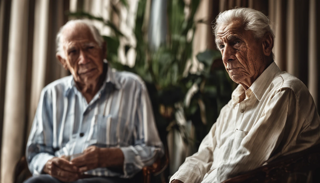 A foto foca no rosto do idoso, capturing the essence of your emotions in a contrasting environment. He is inside a luxury hotel, where opulence and refinement are predominant, But his simple appearance and tired expression stand out. The elderly is portrayed in the foreground, com a maior parte do fundo desfocado, focusing all attention on your face. His expression is one of weariness, com olhos ligeiramente semicerrados, as if he were fighting the weight of accumulated fatigue. The wrinkles that trace your face tell life stories, each line carrying a memory. Ele veste roupas simples, a worn cotton shirt that is a visible contrast to the sophistication of the environment around you. The garment is crumpled, sugerindo que ele viajou ou passou por alguma jornada antes de chegar ao hotel. The soft lighting enhances the texture of your skin and emphasizes the wrinkles and furrows that testify to the years that have passed. Seu olhar parece distante, as if contemplating the stories of his life that brought him to this moment. The blurry background is a mix of neutral tones and luxurious touches, such as details of tapestries and elegant furniture. No entanto, These elements do not steal the attention of the elderly person's face; They serve only as a soft backdrop that underscores the story he carries with him. The image captures a moment of contrast and reflection, where the elderly find themselves in an environment that is a palpable representation of the passage of time and the different layers of life. The expression of weariness conveys the journey lived, while its presence in the luxury hotel evokes the diversity of human experiences.
