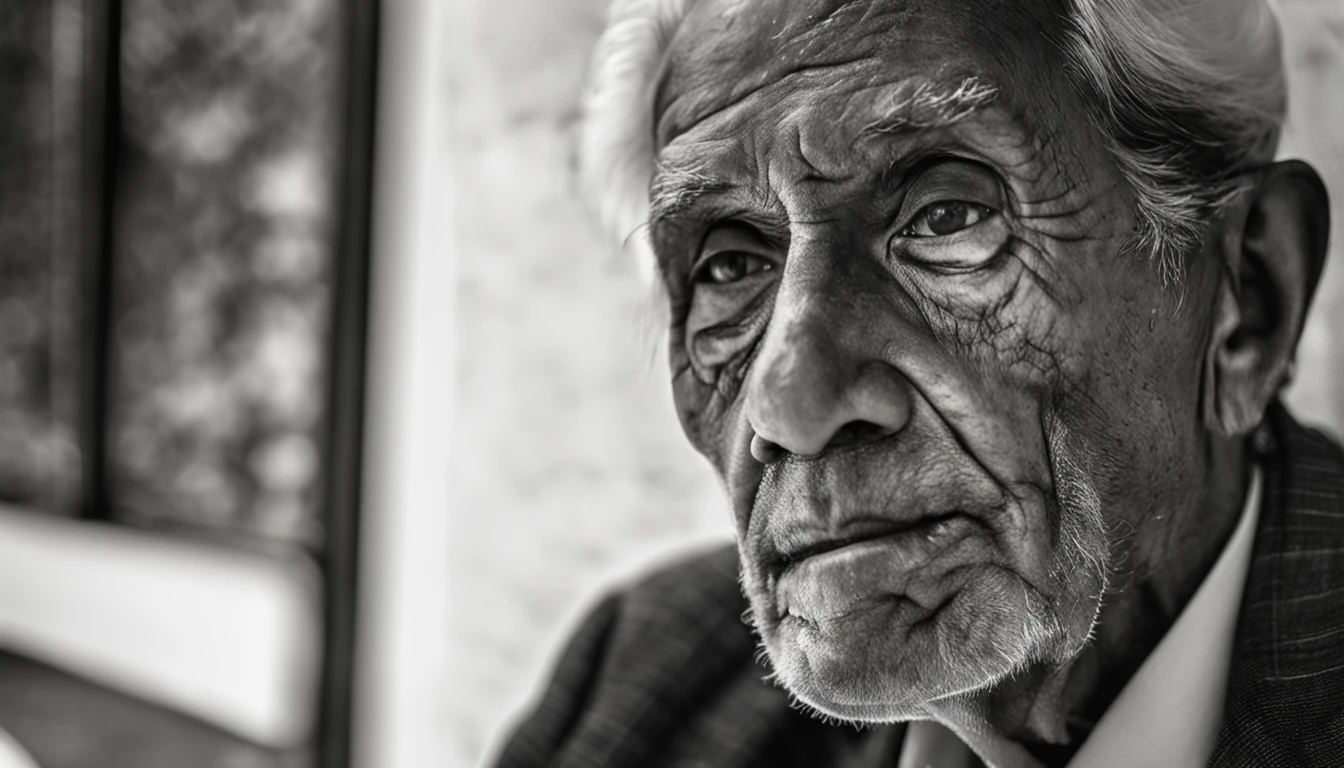 A foto foca no rosto do idoso, capturing the essence of your emotions in a contrasting environment. He is inside a luxury hotel, where opulence and refinement are predominant, But his simple appearance and tired expression stand out. The elderly is portrayed in the foreground, com a maior parte do fundo desfocado, focusing all attention on your face. His expression is one of weariness, com olhos ligeiramente semicerrados, as if he were fighting the weight of accumulated fatigue. The wrinkles that trace your face tell life stories, each line carrying a memory. Ele veste roupas simples, a worn cotton shirt that is a visible contrast to the sophistication of the environment around you. The garment is crumpled, sugerindo que ele viajou ou passou por alguma jornada antes de chegar ao hotel. The soft lighting enhances the texture of your skin and emphasizes the wrinkles and furrows that testify to the years that have passed. Seu olhar parece distante, as if contemplating the stories of his life that brought him to this moment. The blurry background is a mix of neutral tones and luxurious touches, such as details of tapestries and elegant furniture. No entanto, These elements do not steal the attention of the elderly person's face; They serve only as a soft backdrop that underscores the story he carries with him. The image captures a moment of contrast and reflection, where the elderly find themselves in an environment that is a palpable representation of the passage of time and the different layers of life. The expression of weariness conveys the journey lived, while its presence in the luxury hotel evokes the diversity of human experiences.